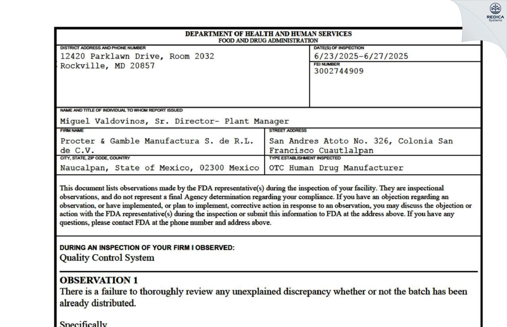 FDA 483 - Procter & Gamble Manufacturing México, S. de R.L. de C.V. [San Francisco Cuautlalpan / Mexico] - Download PDF - Redica Systems