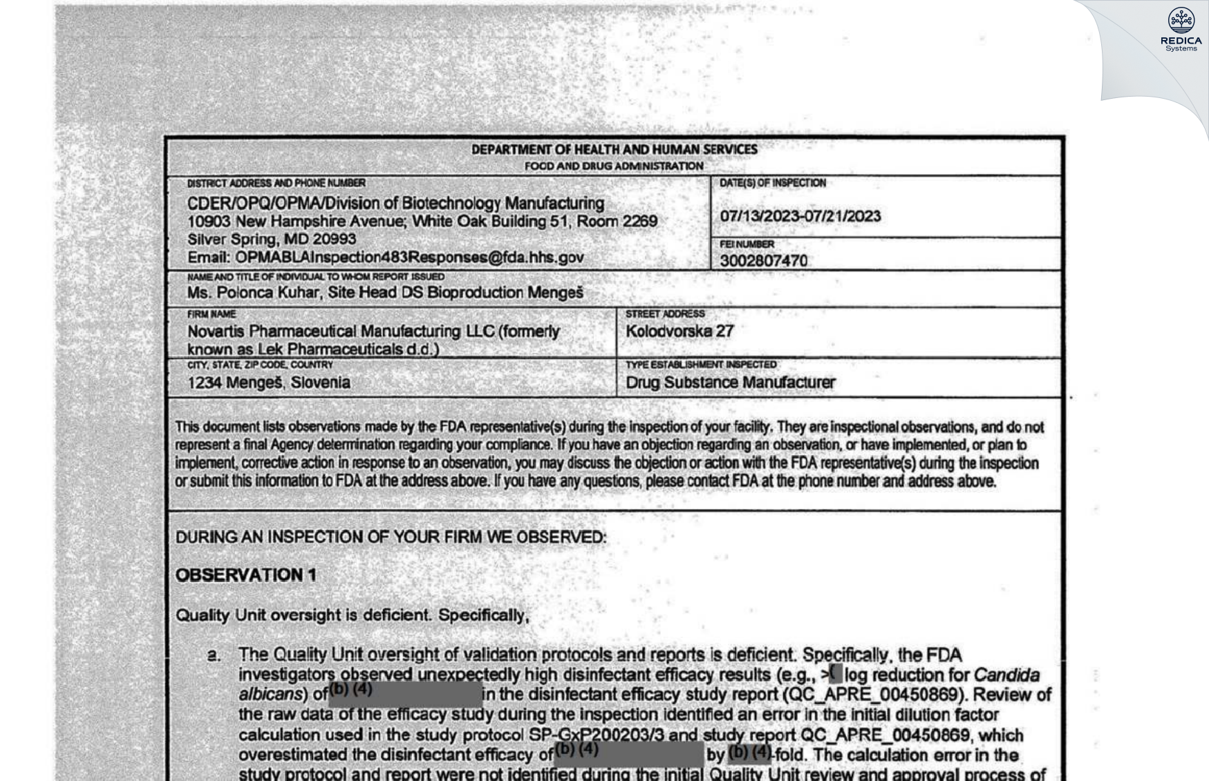 FDA 483 - Novartis d.o.o. [Mengeš / Slovenia] - Download PDF - Redica Systems