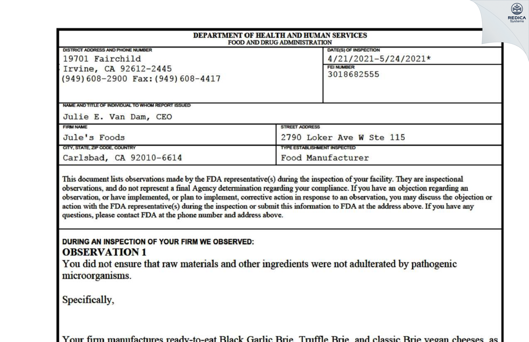FDA 483 - Jule's Foods [Carlsbad / United States of America] - Download PDF - Redica Systems