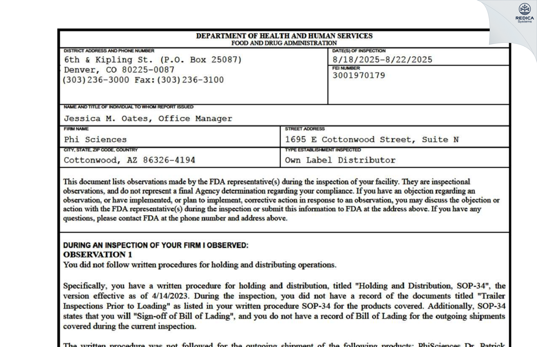 FDA 483 - Phi Sciences [Cottonwood / United States of America] - Download PDF - Redica Systems