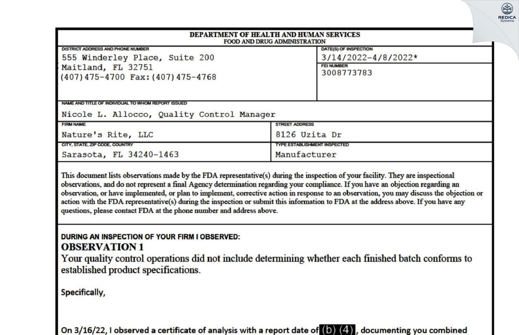 FDA 483 - Nature's Rite, LLC [Sarasota / United States of America] - Download PDF - Redica Systems