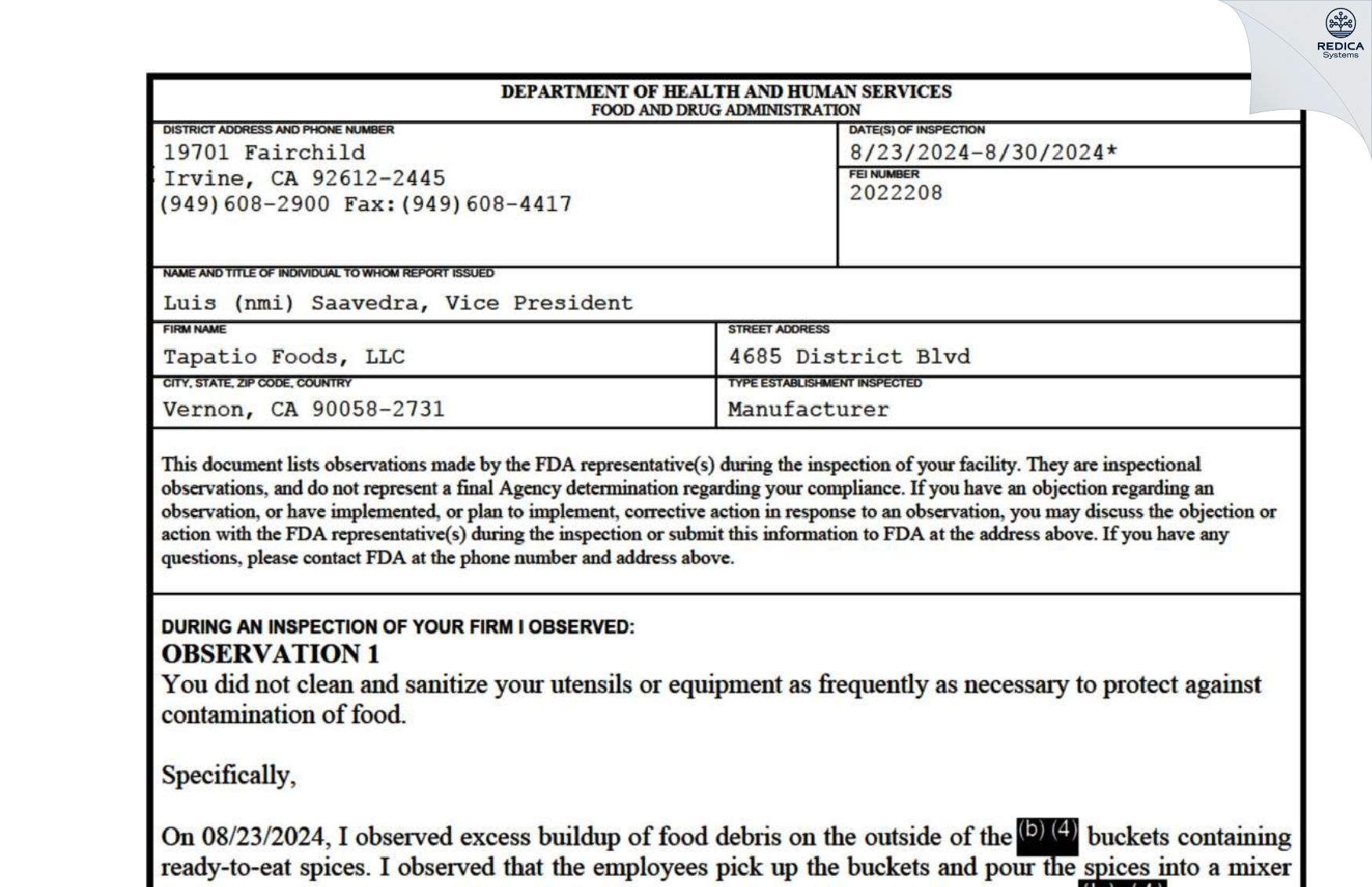 FDA 483 - Tapatio Foods LLC [Vernon / United States of America] - Download PDF - Redica Systems