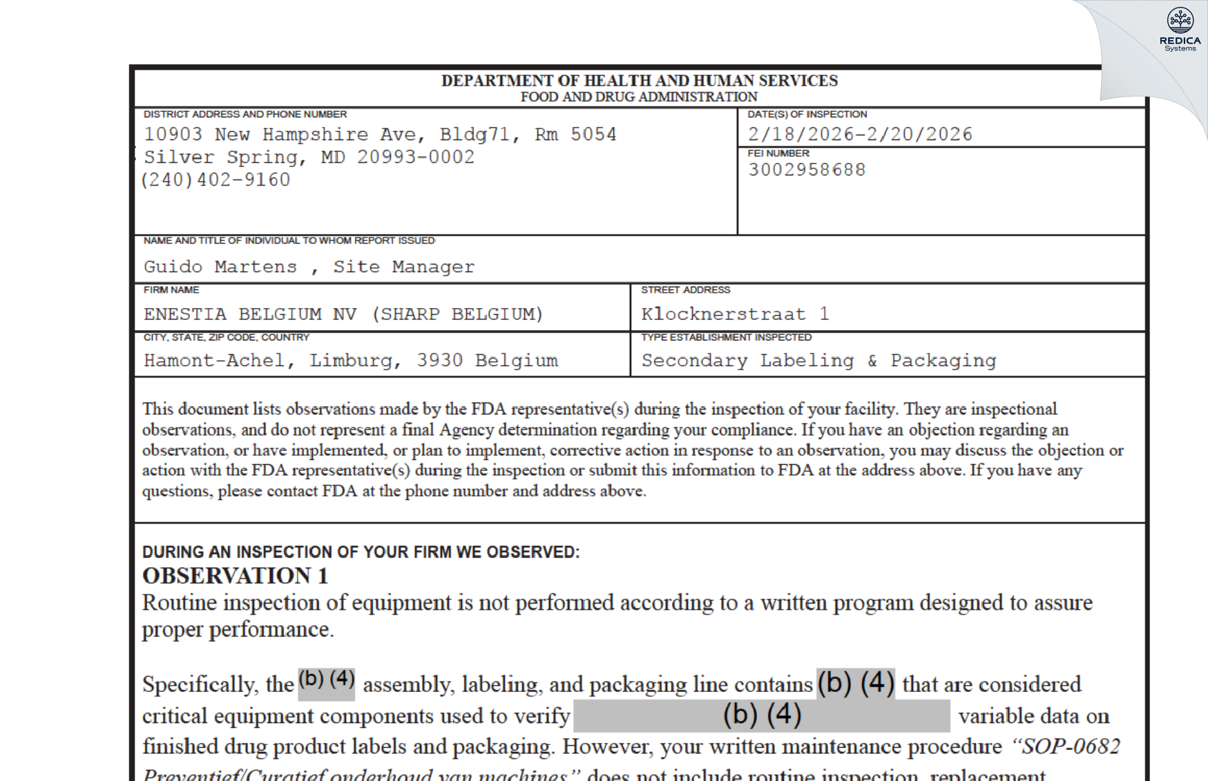 FDA 483 - Enestia Belgium NV [Hamont-Achel / Belgium] - Download PDF - Redica Systems