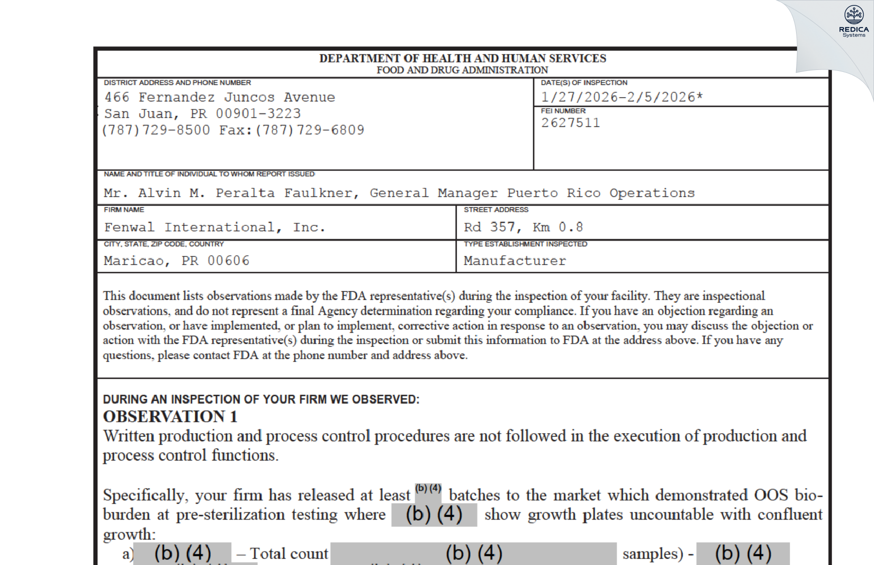 FDA 483 - Fenwal International, Inc. [Maricao Afuera / Puerto Rico] - Download PDF - Redica Systems