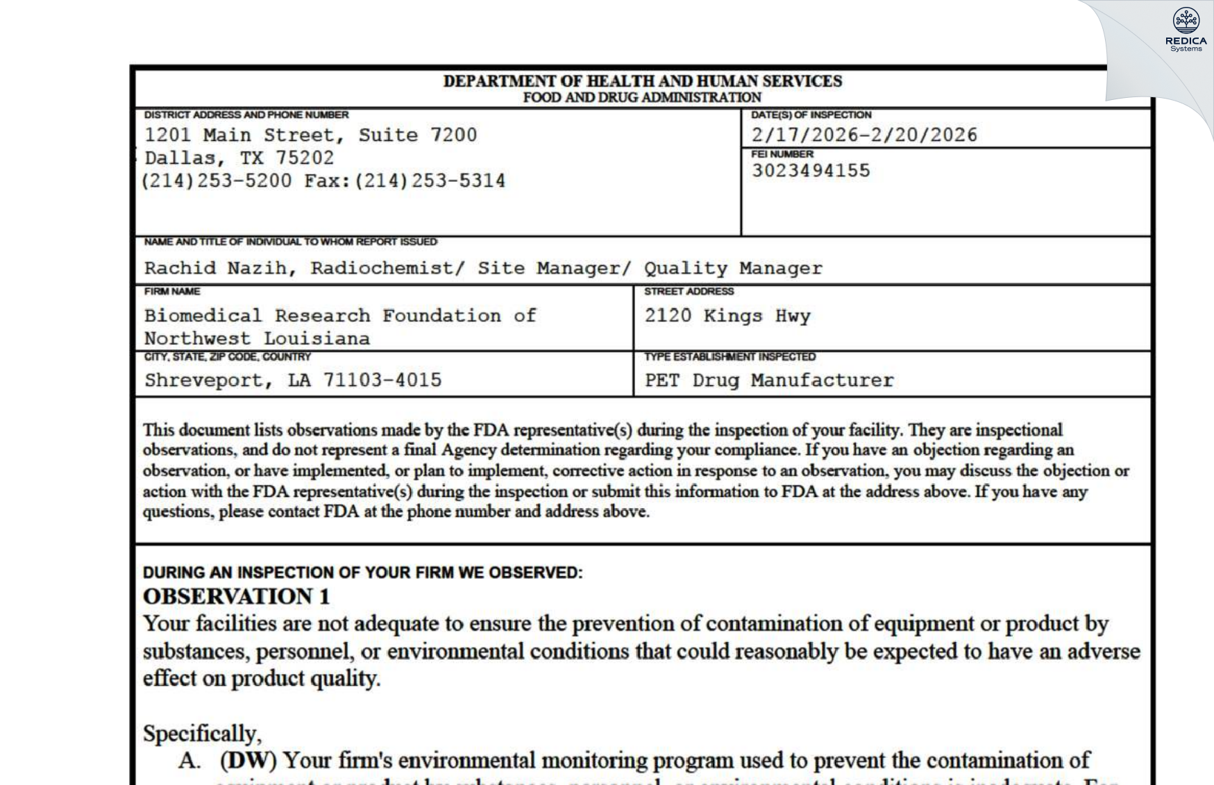 FDA 483 - Biomedical Research Foundation of Northwest Louisiana [Shreveport / United States of America] - Download PDF - Redica Systems
