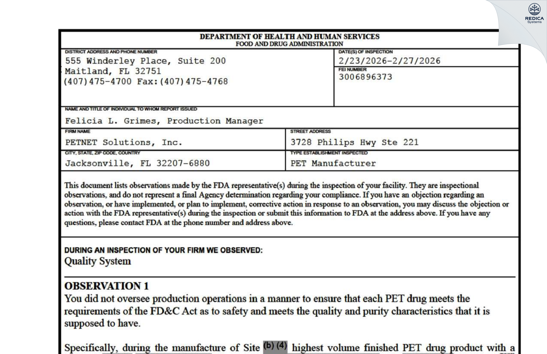 FDA 483 - PETNET SOLUTIONS, INC. [Jacksonville / United States of America] - Download PDF - Redica Systems