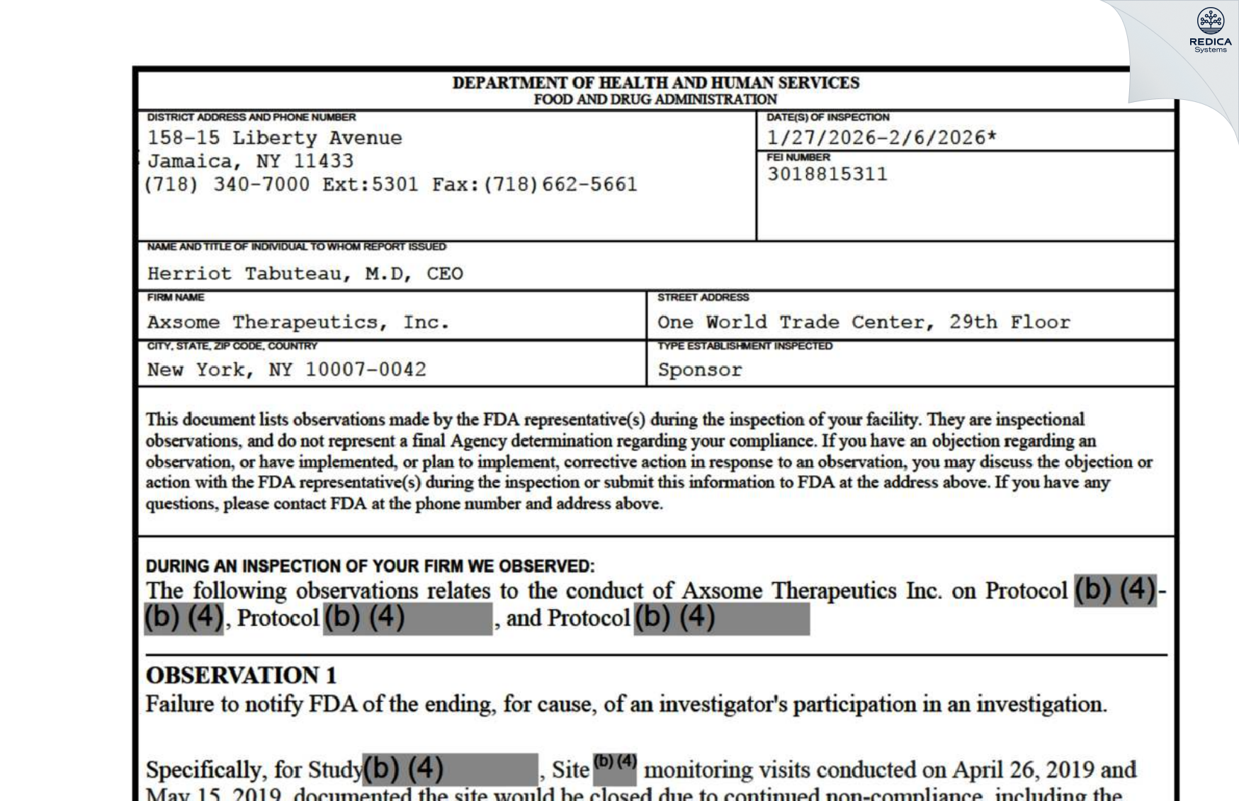 FDA 483 - Axsome Therapeutics, Inc. [New York / United States of America] - Download PDF - Redica Systems