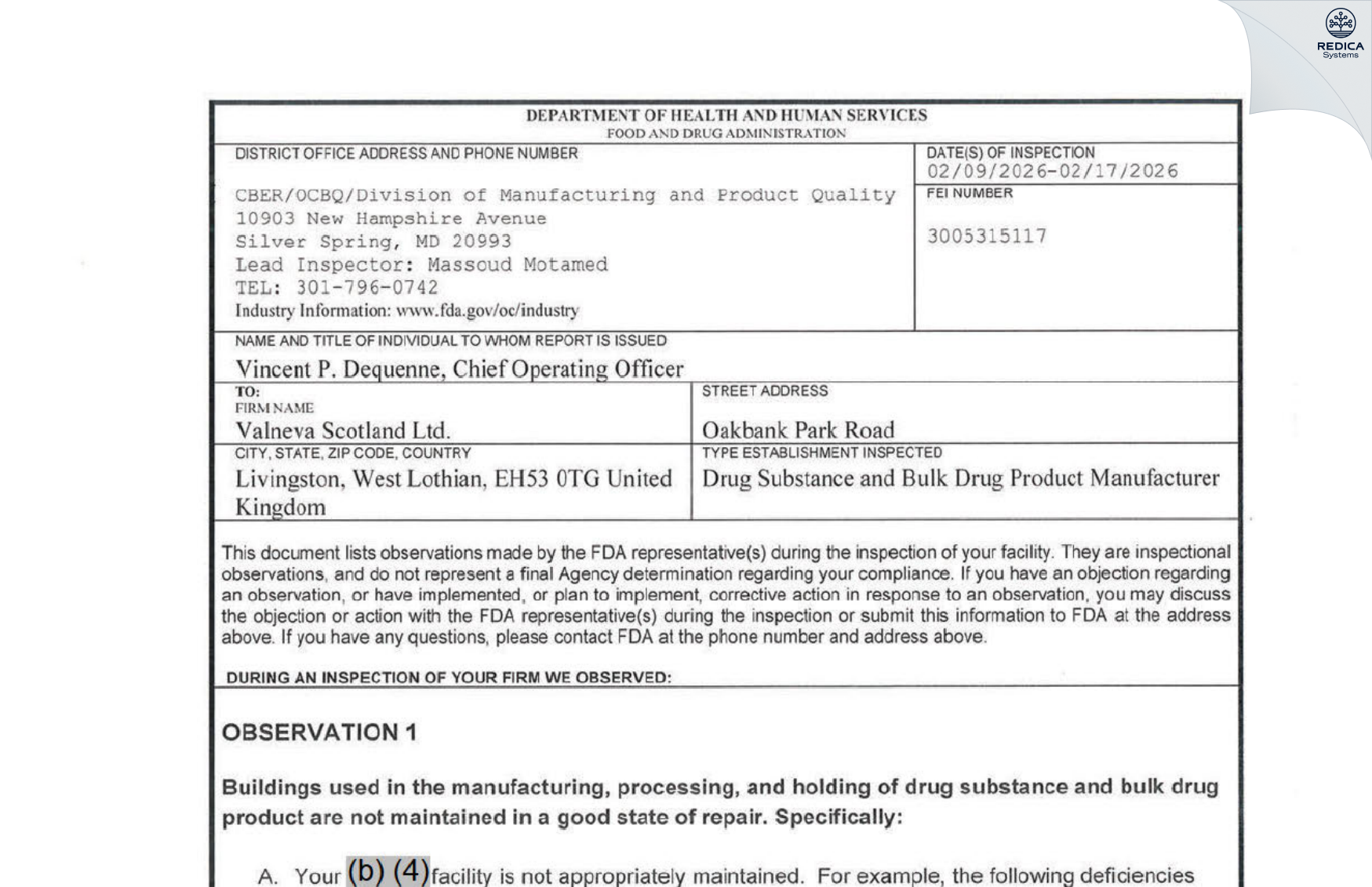 FDA 483 - Valneva Scotland Ltd. [West Lothian / United Kingdom of Great Britain and Northern Ireland] - Download PDF - Redica Systems