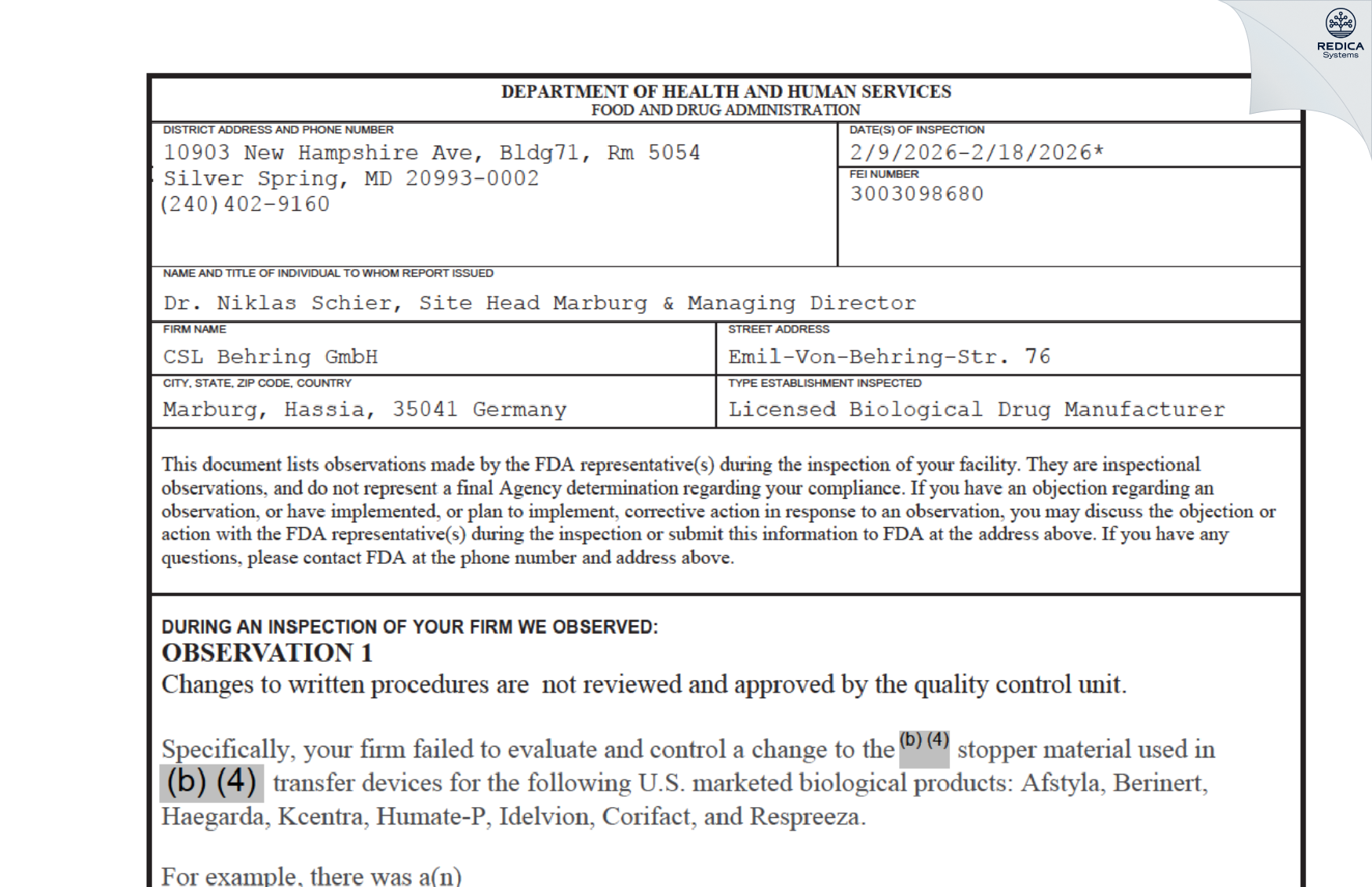 FDA 483 - CSL Behring GmbH [Marburg / Germany] - Download PDF - Redica Systems