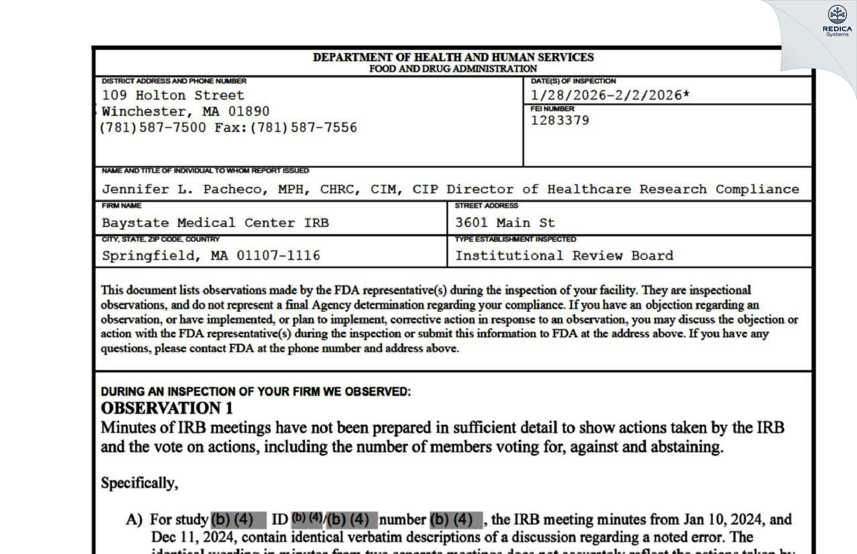 FDA 483 - Baystate Medical Center IRB [Springfield / United States of America] - Download PDF - Redica Systems