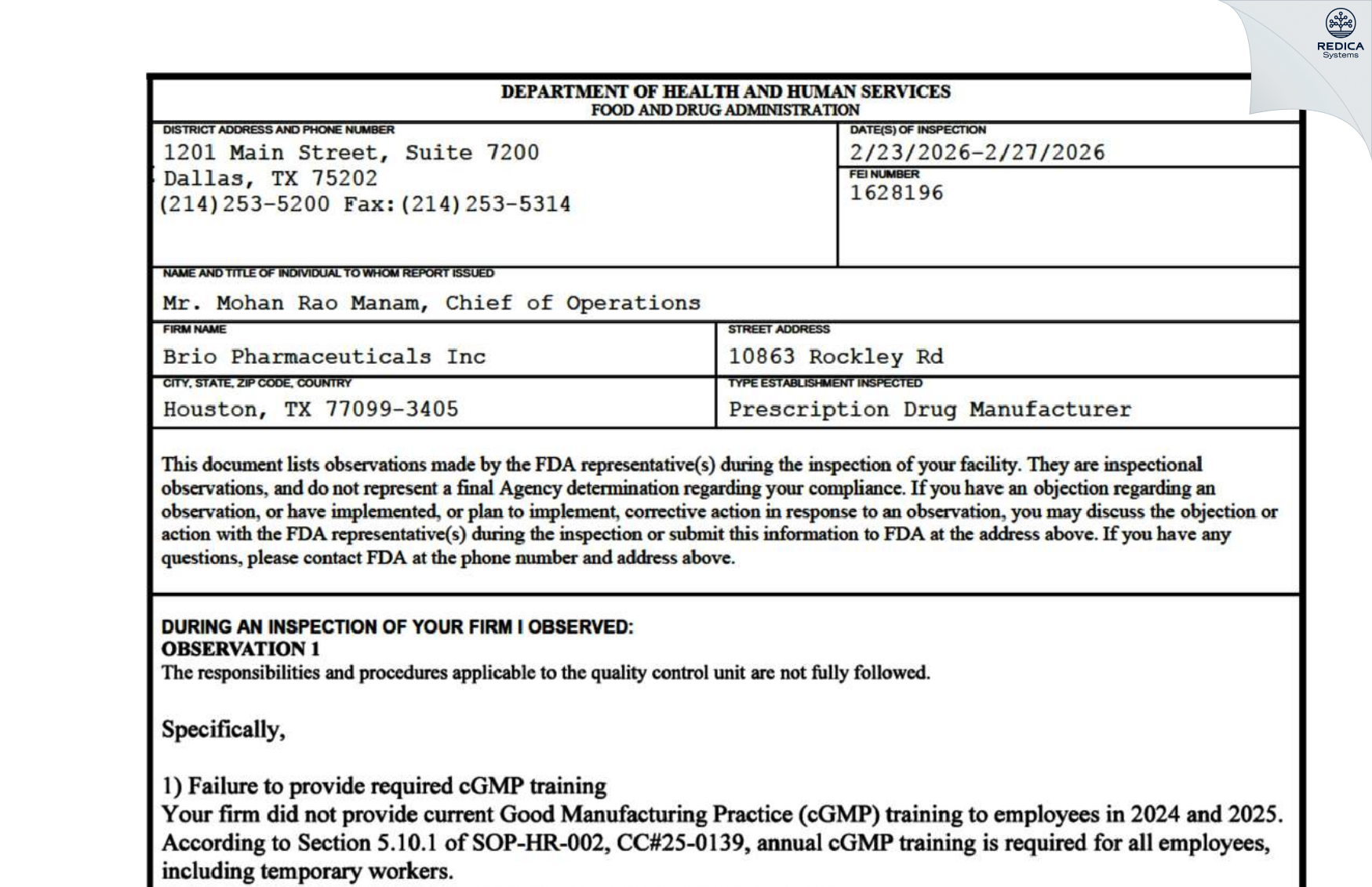FDA 483 - Brio Pharmaceuticals, Inc. [Houston / United States of America] - Download PDF - Redica Systems