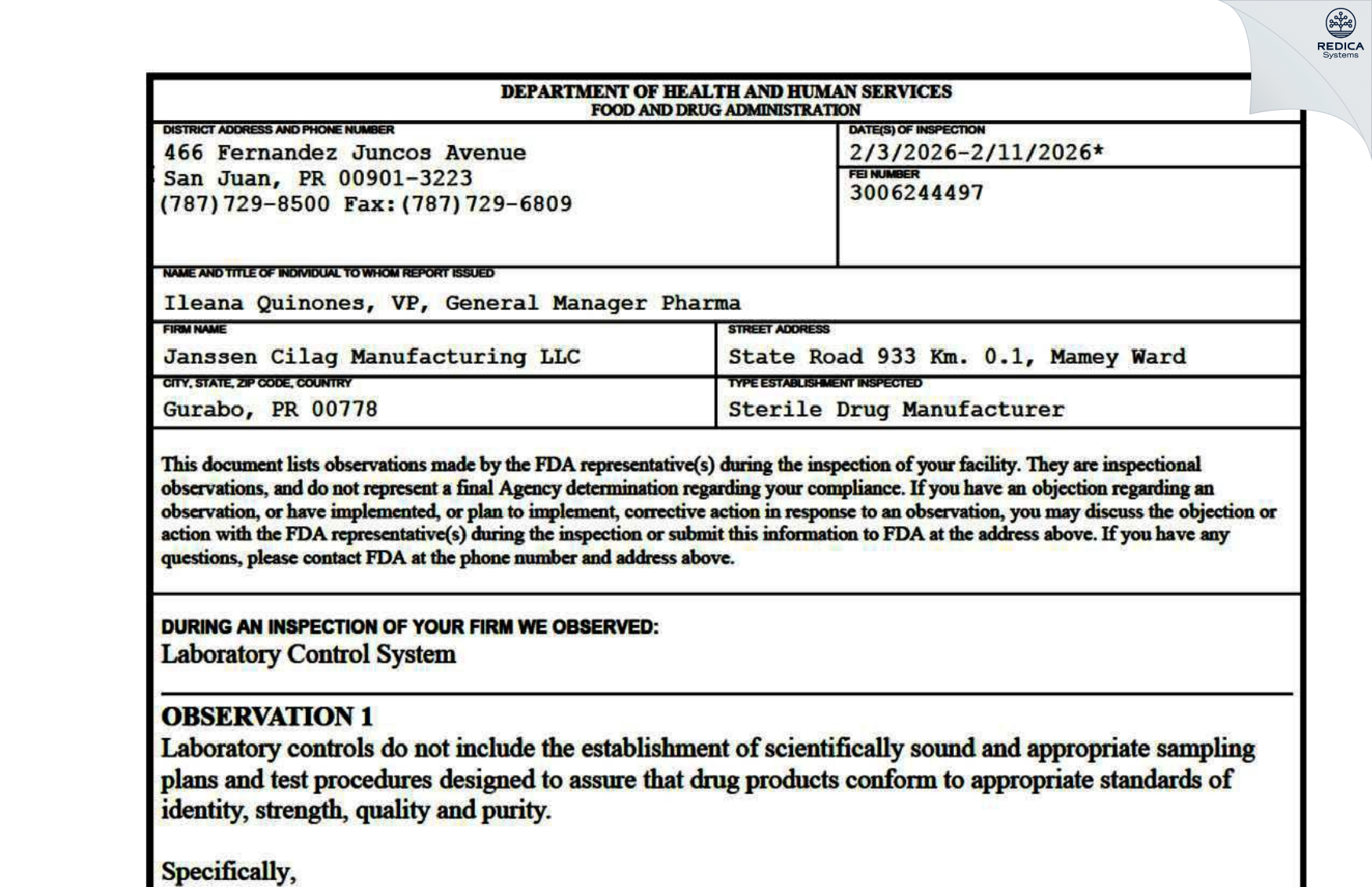 FDA 483 - Janssen-Cilag Manufacturing, LLC [Mamey / Puerto Rico] - Download PDF - Redica Systems
