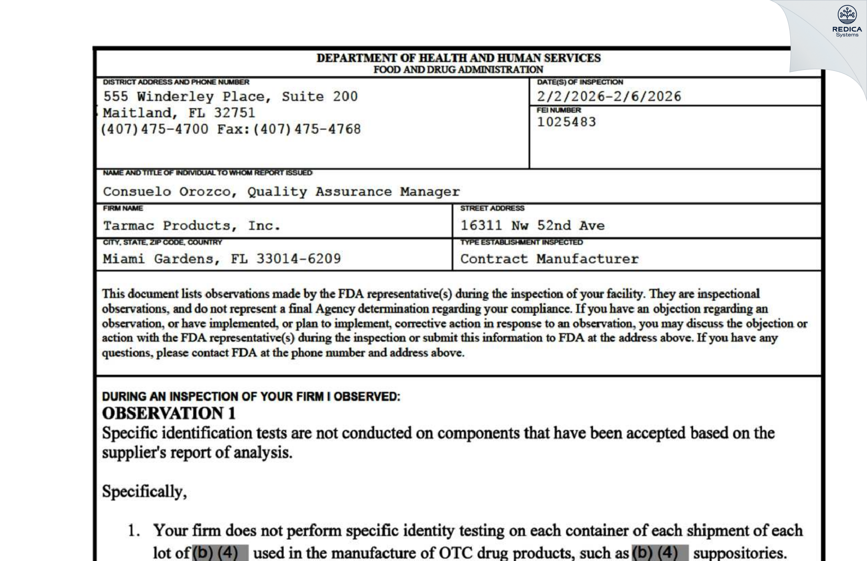 FDA 483 - Tarmac Products, Inc. [Hialeah / United States of America] - Download PDF - Redica Systems
