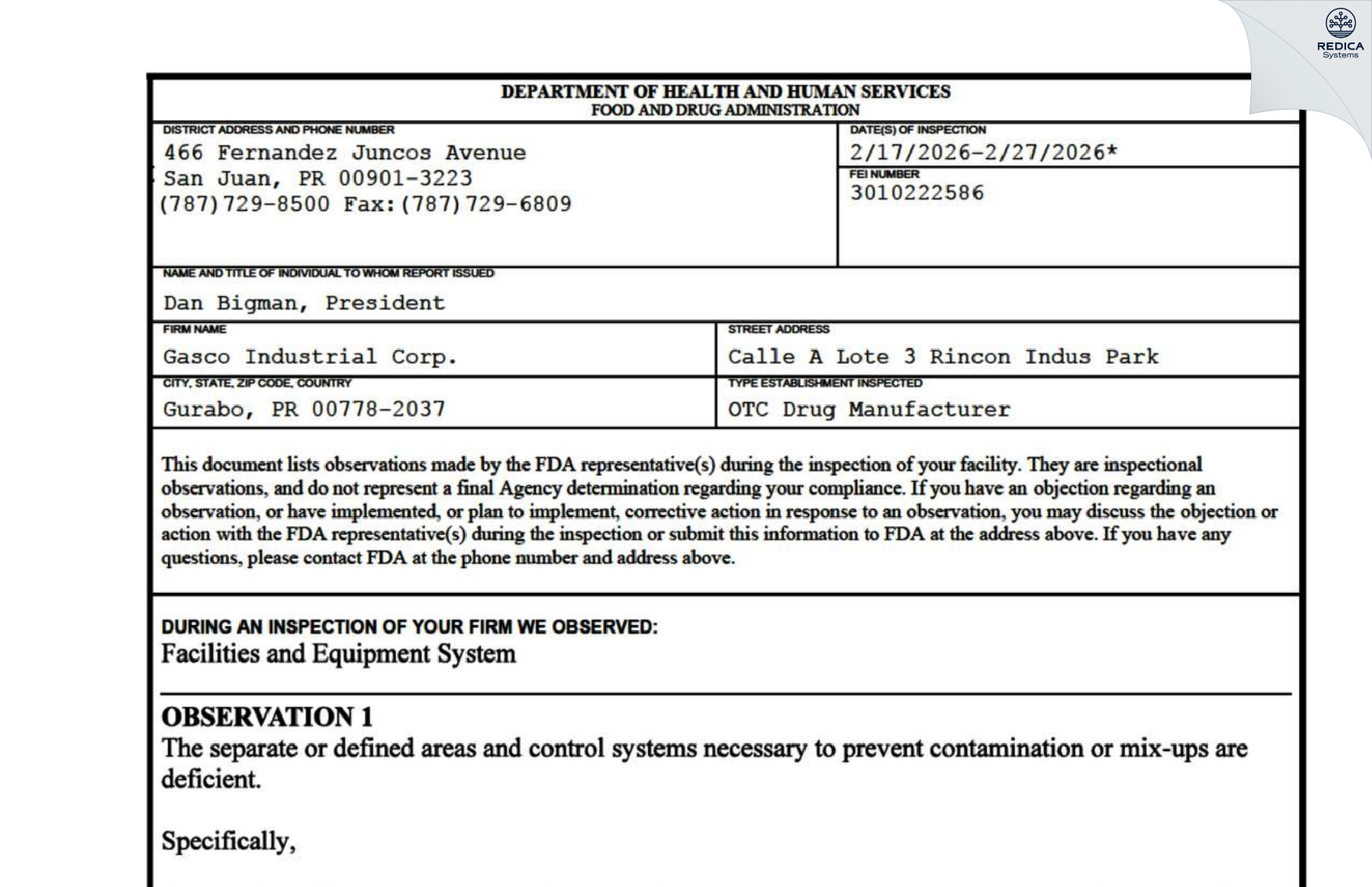 FDA 483 - Gasco Industrial Corp. [Gurabo / Puerto Rico] - Download PDF - Redica Systems