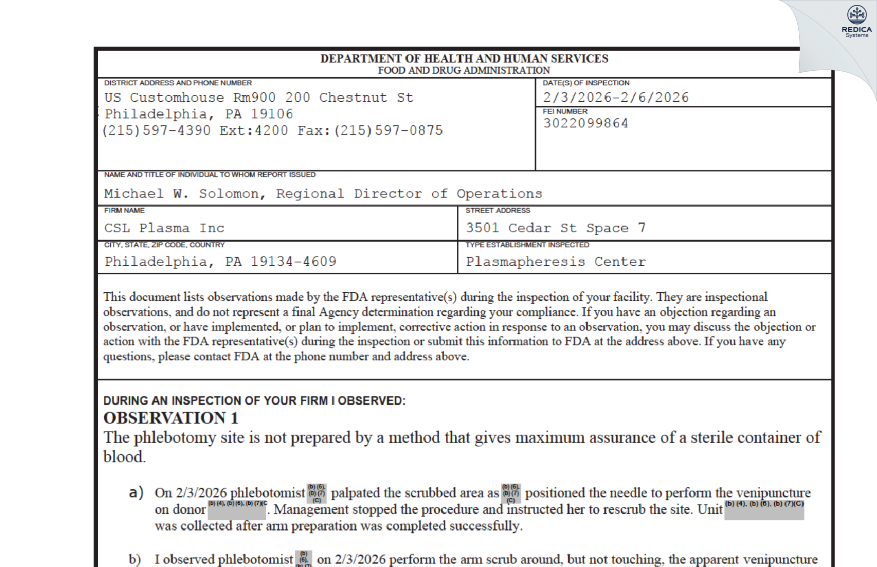 FDA 483 - CSL Plasma Inc [Philadelphia / United States of America] - Download PDF - Redica Systems