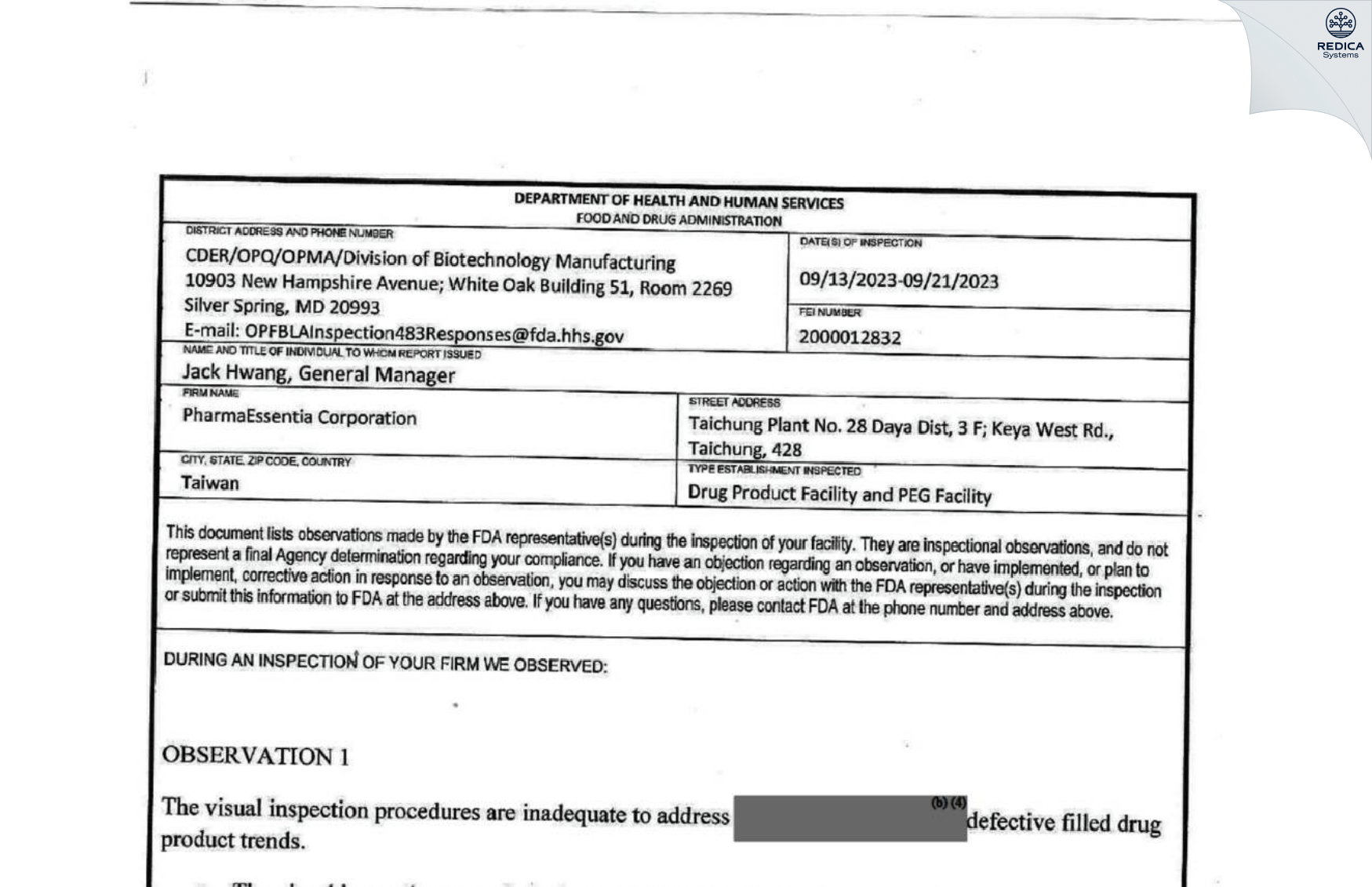 FDA 483 - PharmaEssentia Corporation, Taichung Plant [Daya District / Taiwan] - Download PDF - Redica Systems
