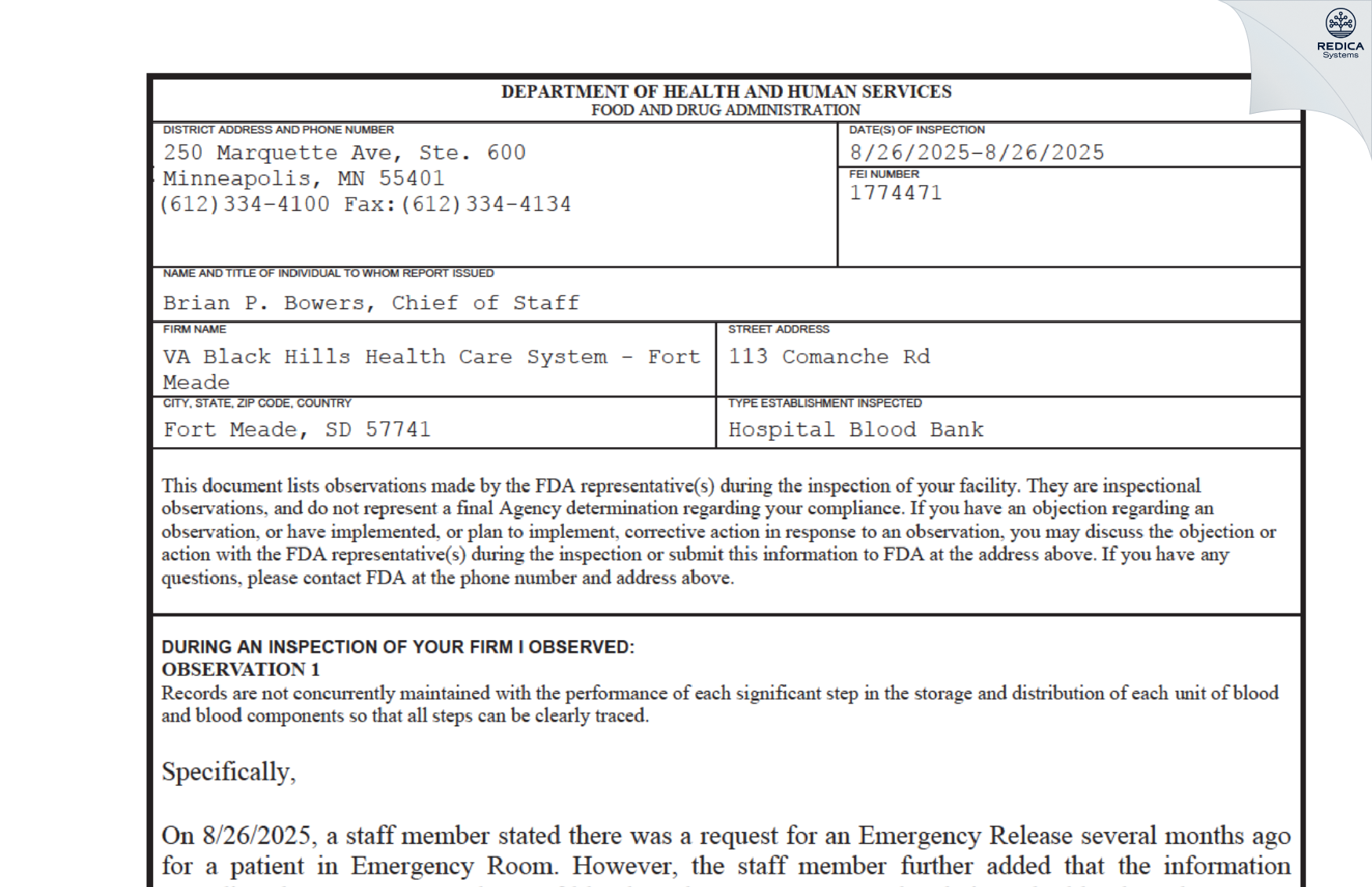 FDA 483 - VA Black Hills Health Care System [Fort Meade / United States of America] - Download PDF - Redica Systems