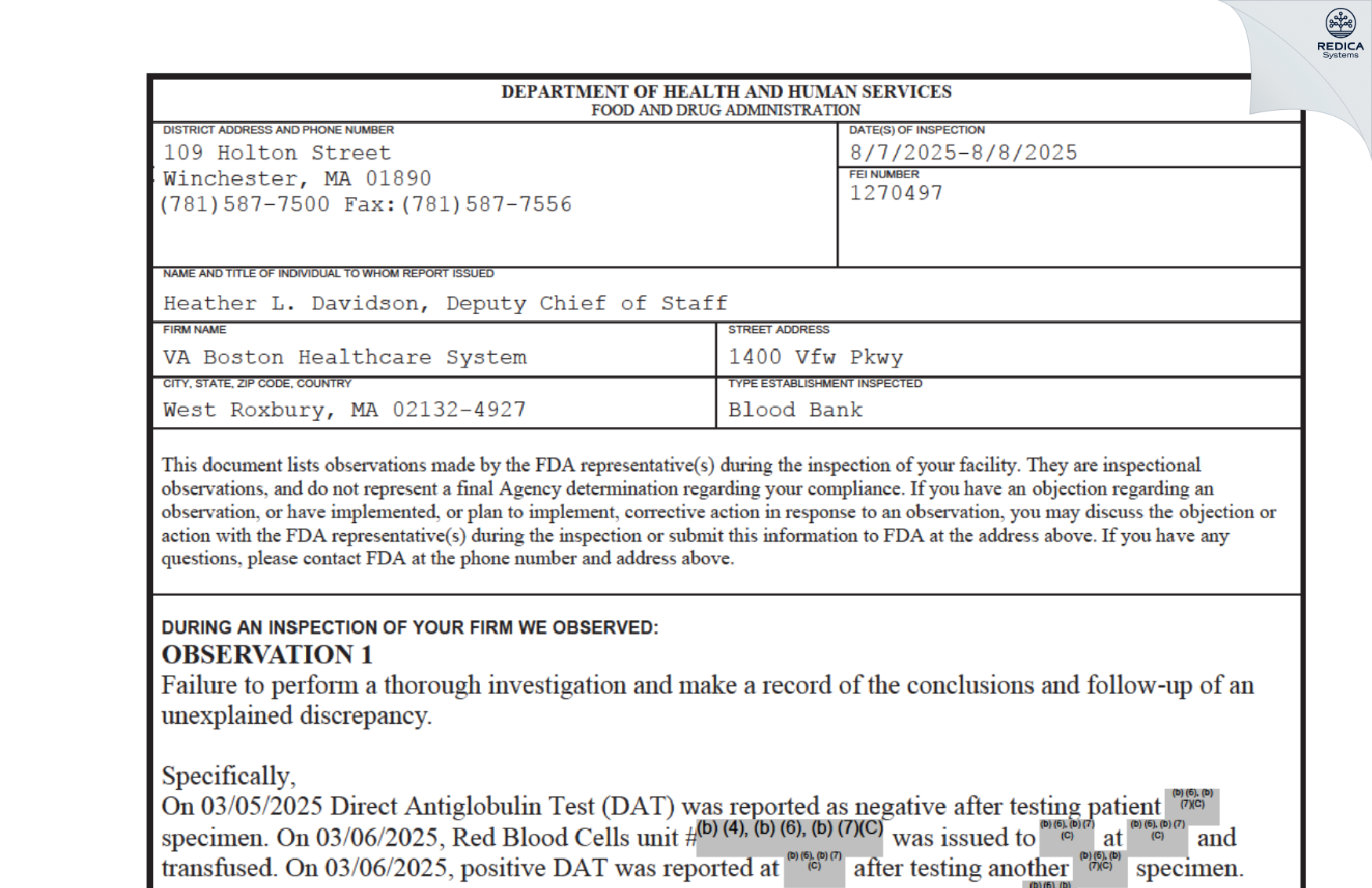 FDA 483 - VA Boston Healthcare System [West Roxbury / United States of America] - Download PDF - Redica Systems