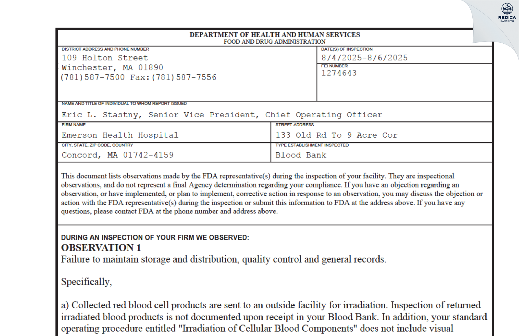 FDA 483 - Emerson Hospital [Concord / United States of America] - Download PDF - Redica Systems
