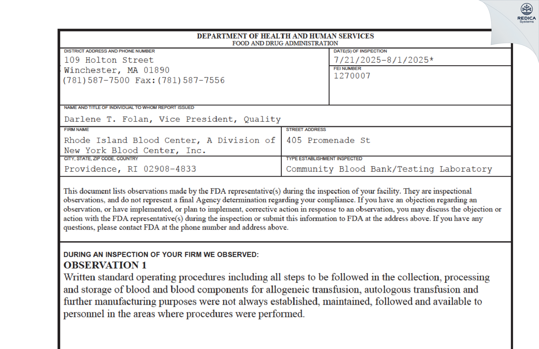 FDA 483 - Rhode Island Blood Center, A Division of New York Blood Center, Inc. [Providence / United States of America] - Download PDF - Redica Systems