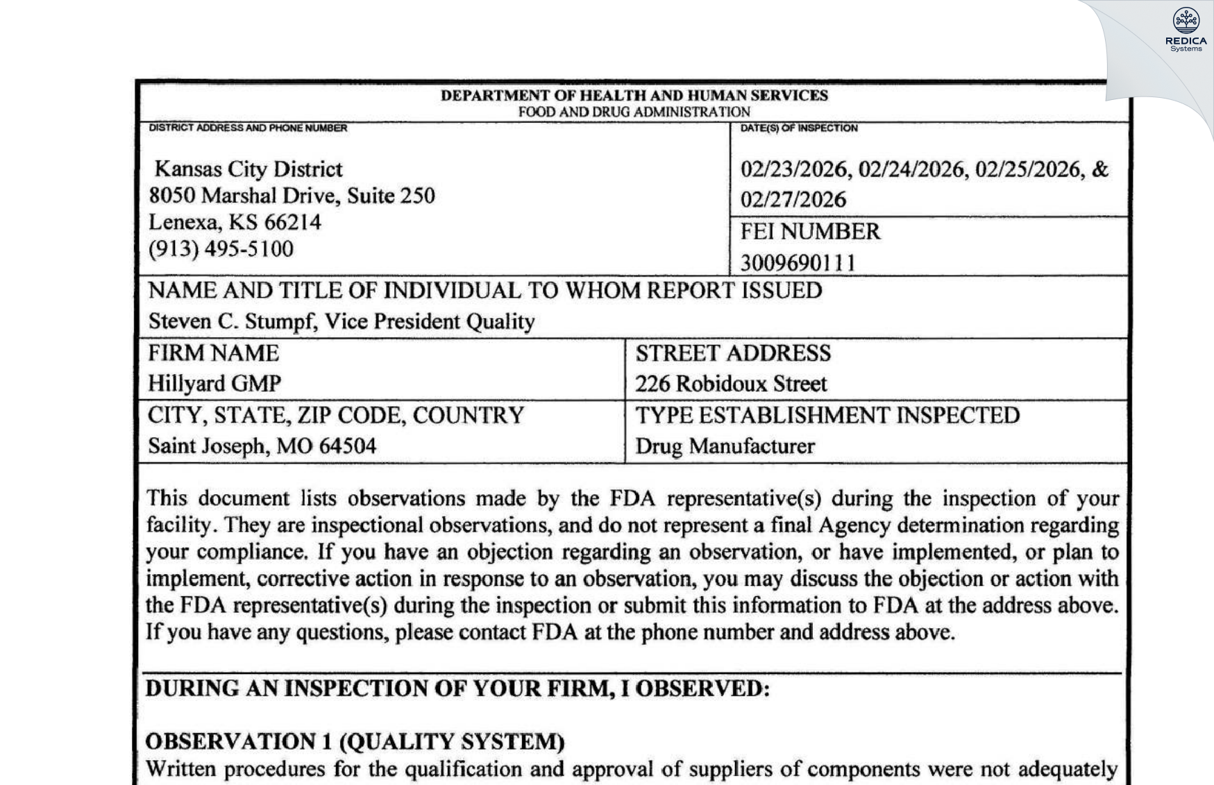 FDA 483 - Hillyard GMP [Saint Joseph / United States of America] - Download PDF - Redica Systems