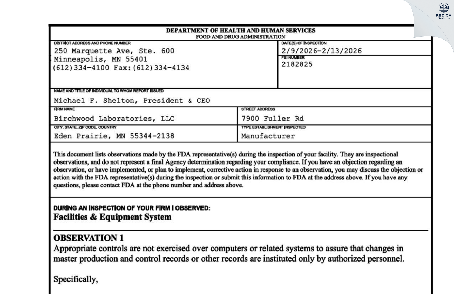 FDA 483 - Birchwood Laboratories LLC [Eden Prairie / United States of America] - Download PDF - Redica Systems