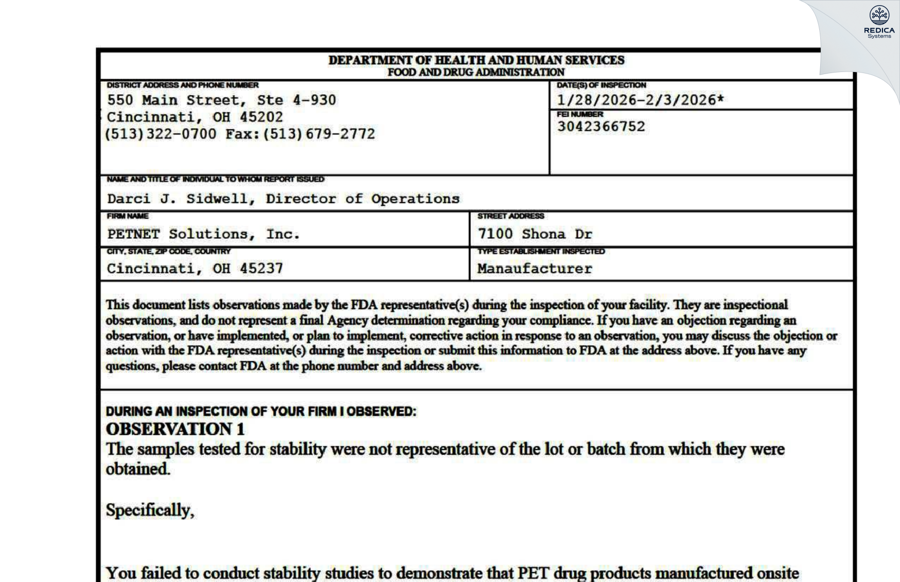 FDA 483 - PETNET SOLUTIONS, INC [Cincinnati / United States of America] - Download PDF - Redica Systems