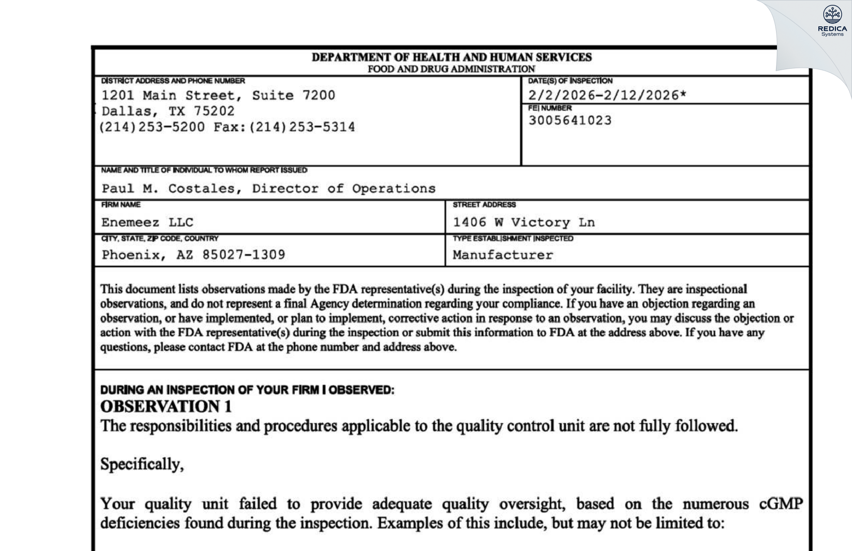 FDA 483 - Enemeez, LLC dba Summit Pharmaceuticals [Phoenix / United States of America] - Download PDF - Redica Systems