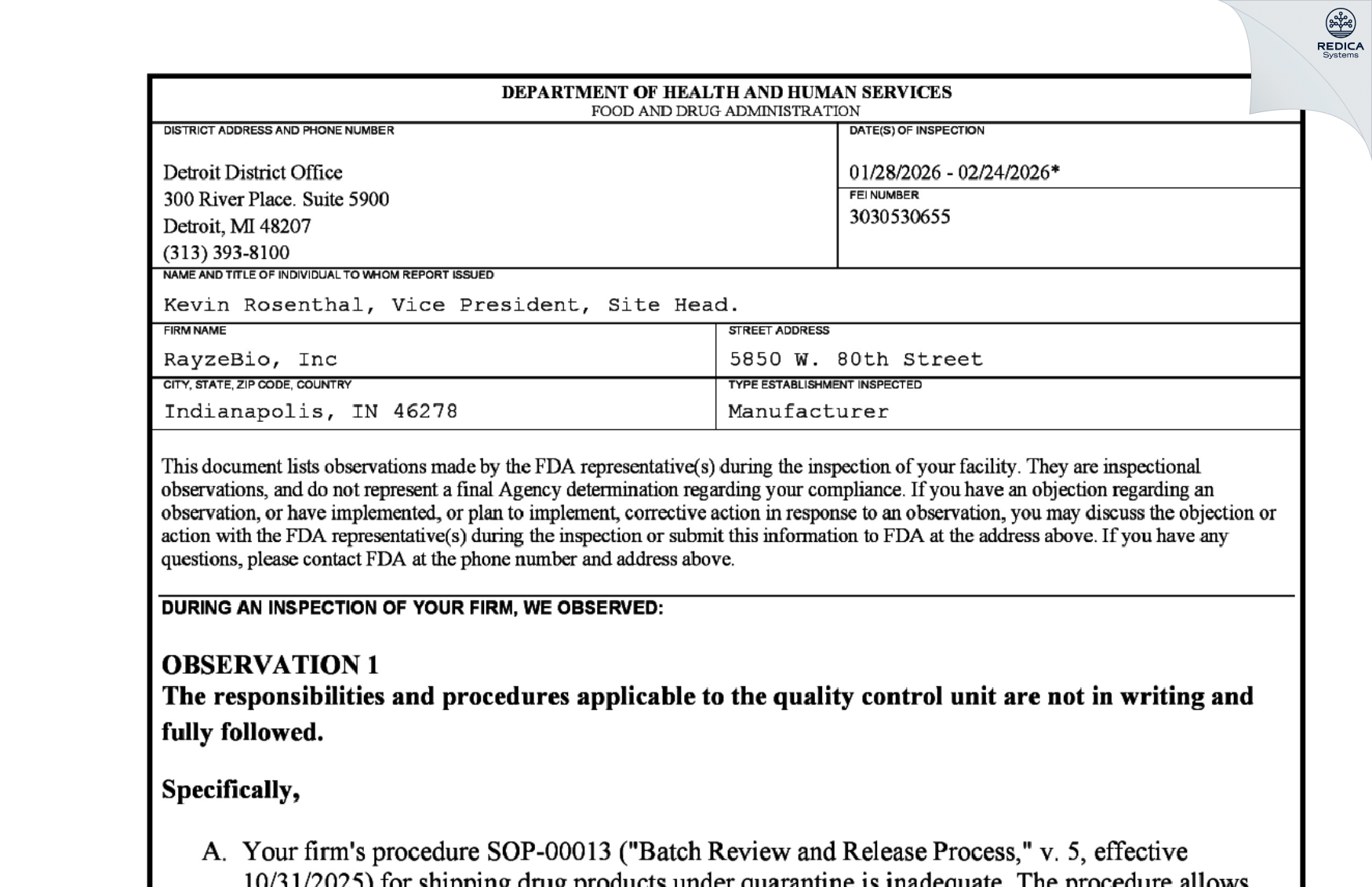 FDA 483 - RAYZEBIO INC [Indianapolis / United States of America] - Download PDF - Redica Systems