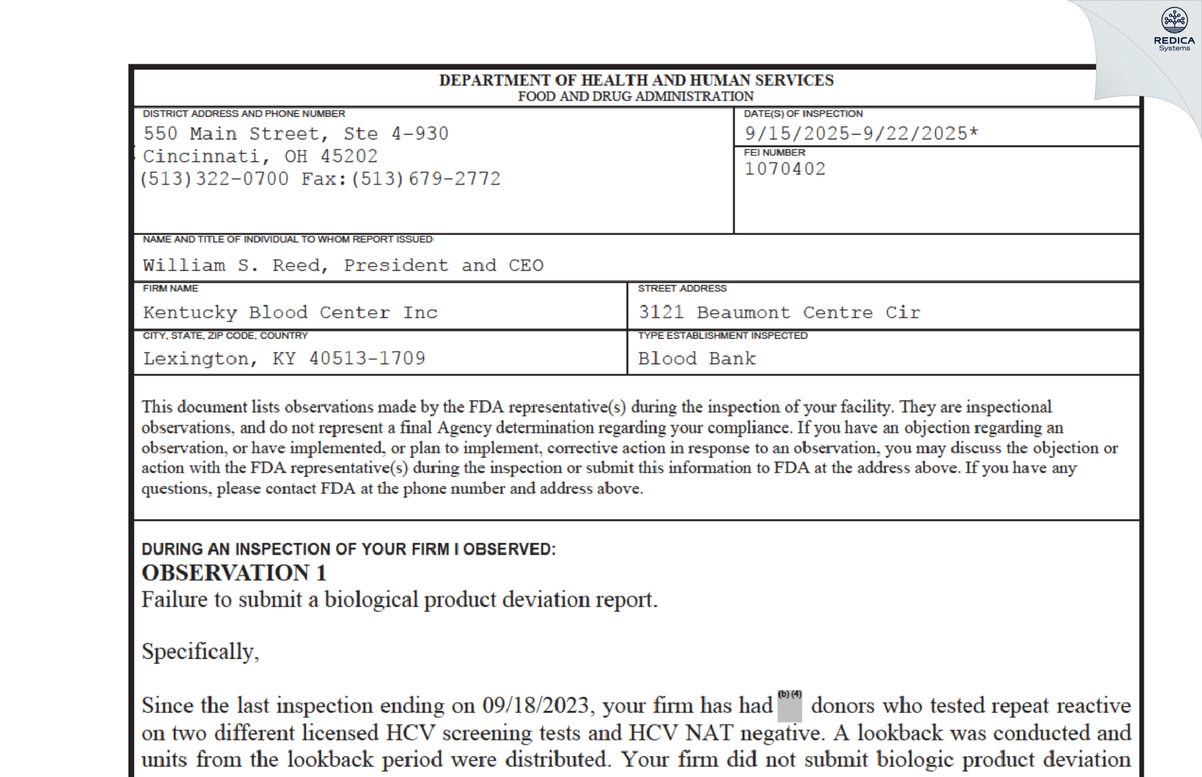 FDA 483 - Kentucky Blood Center Inc [Lexington / United States of America] - Download PDF - Redica Systems