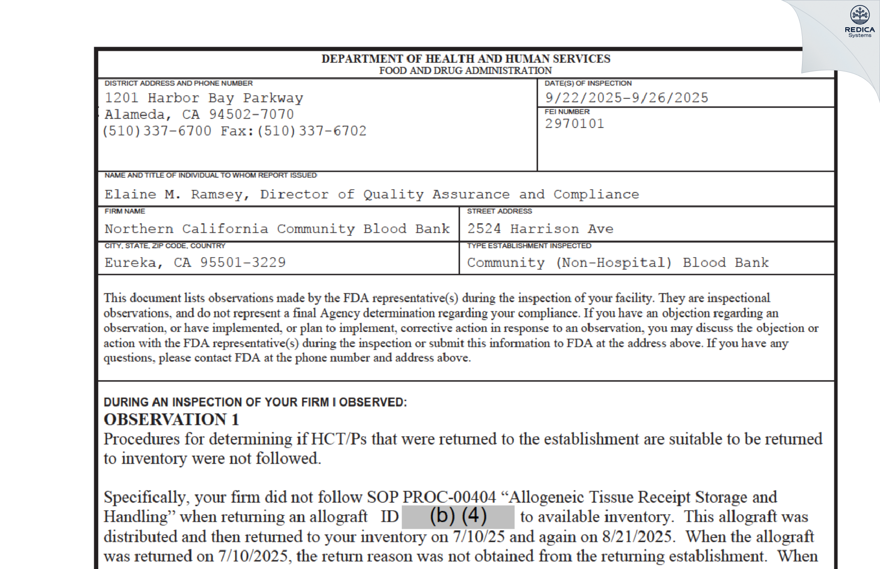 FDA 483 - Northern California Community Blood Bank [Eureka / United States of America] - Download PDF - Redica Systems