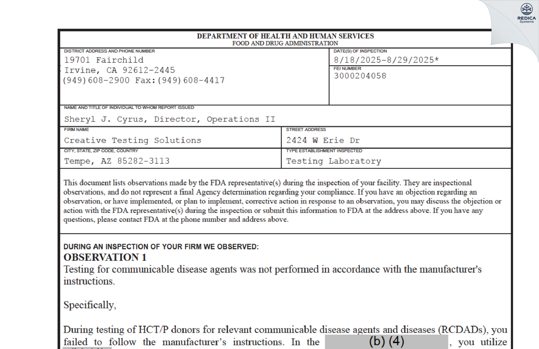 FDA 483 - Creative Testing Solutions [Tempe / United States of America] - Download PDF - Redica Systems