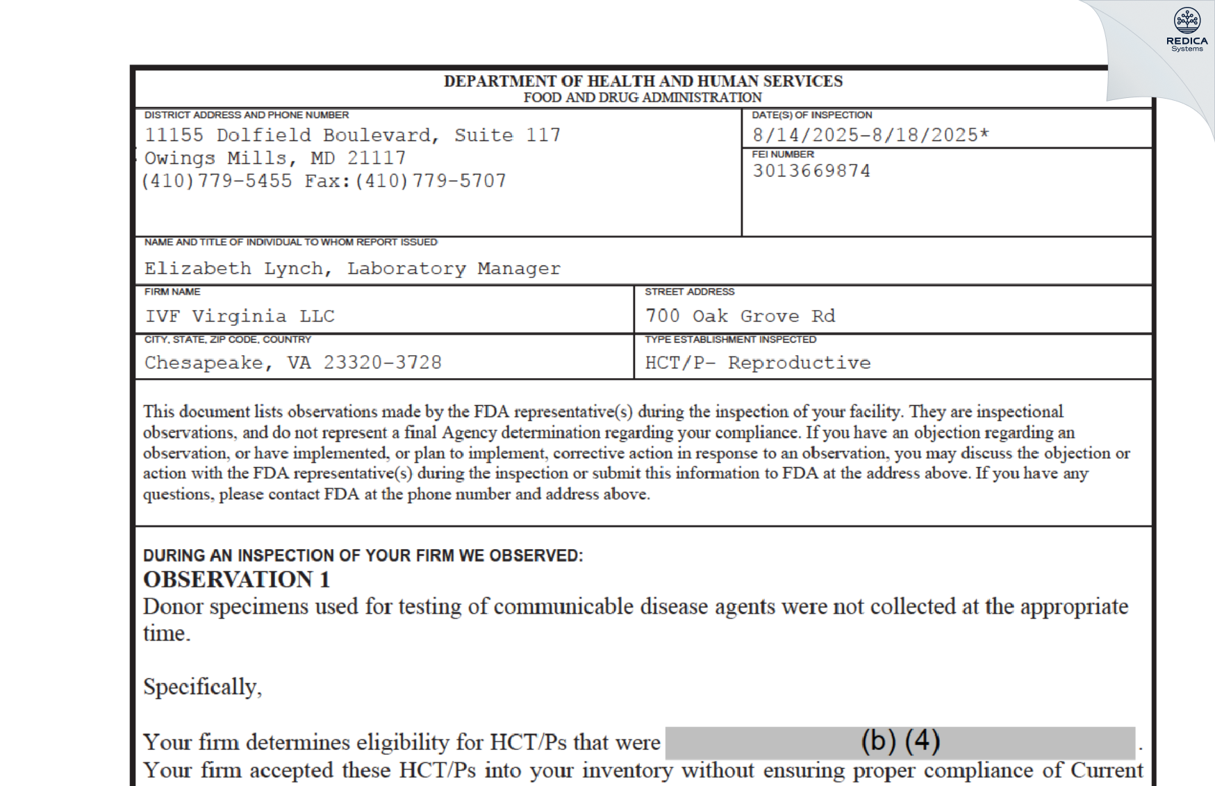 FDA 483 - IVF Virginia LLC [Chesapeake / United States of America] - Download PDF - Redica Systems
