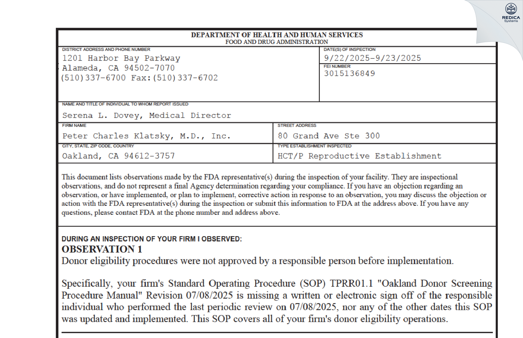 FDA 483 - Peter Charles Klatsky, M.D., Inc. [Oakland / United States of America] - Download PDF - Redica Systems