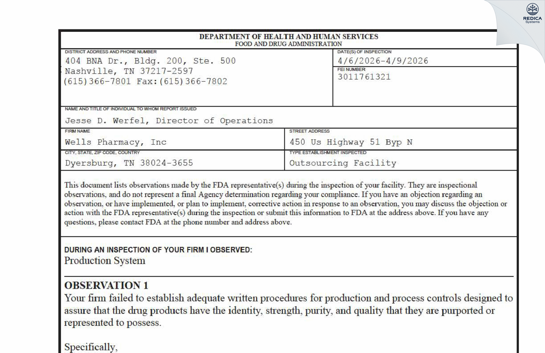 FDA 483 - Wells Pharmacy, Inc [Dyersburg / United States of America] - Download PDF - Redica Systems