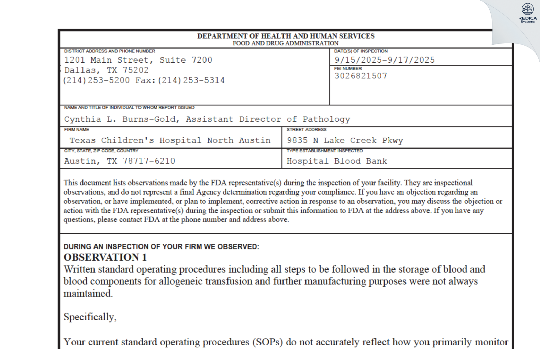 FDA 483 - Texas Children's Hospital North Austin
 [Austin / United States of America] - Download PDF - Redica Systems