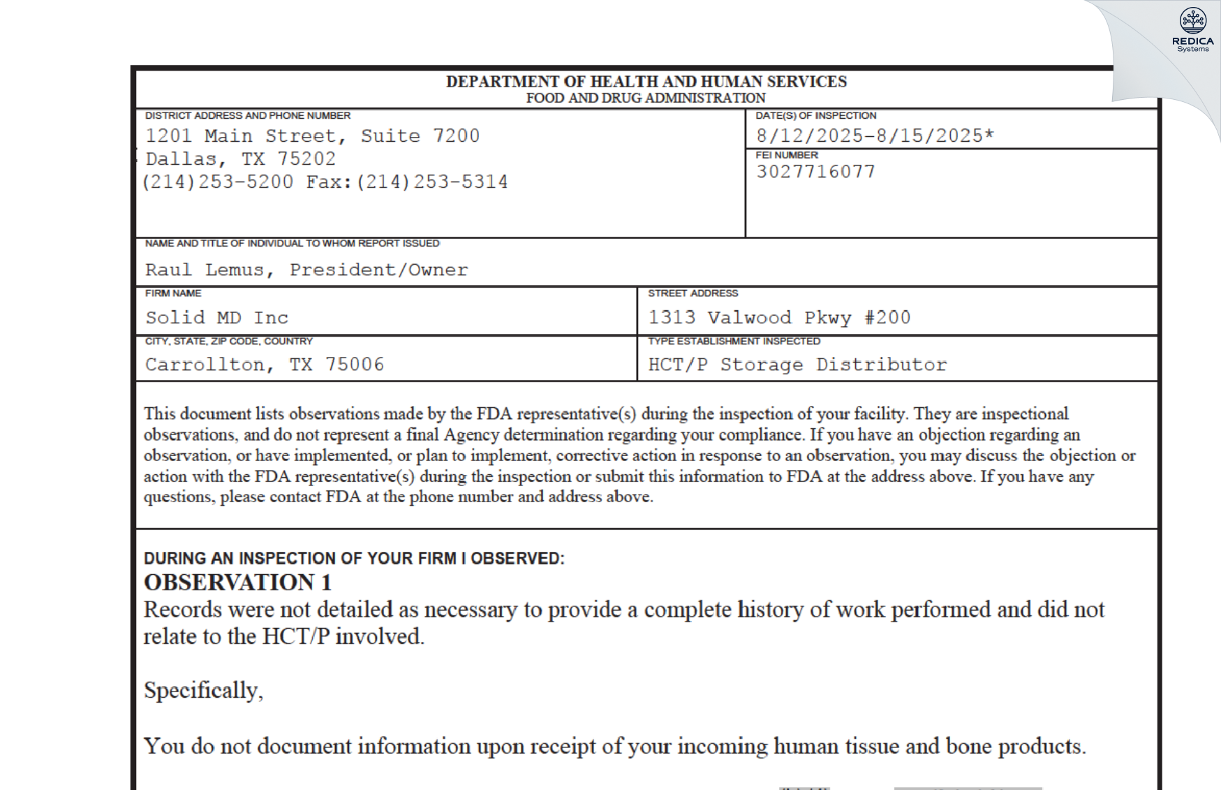FDA 483 - Solid MD Inc

 [Carrollton / United States of America] - Download PDF - Redica Systems