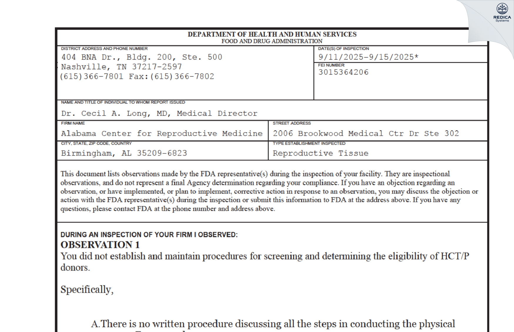 FDA 483 - Alabama Center for Reproductive Medicine [Birmingham / United States of America] - Download PDF - Redica Systems