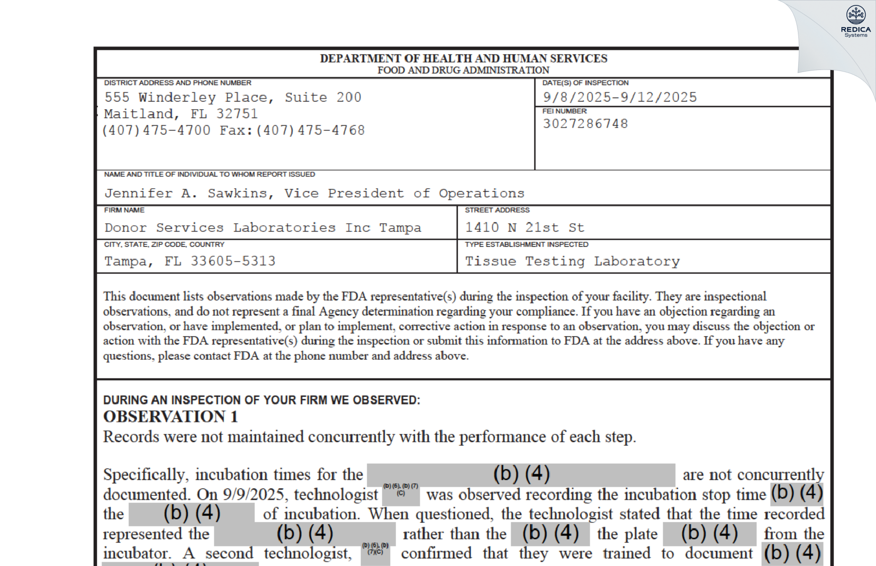 FDA 483 - Donor Services Laboratories Inc Tampa [Tampa / United States of America] - Download PDF - Redica Systems