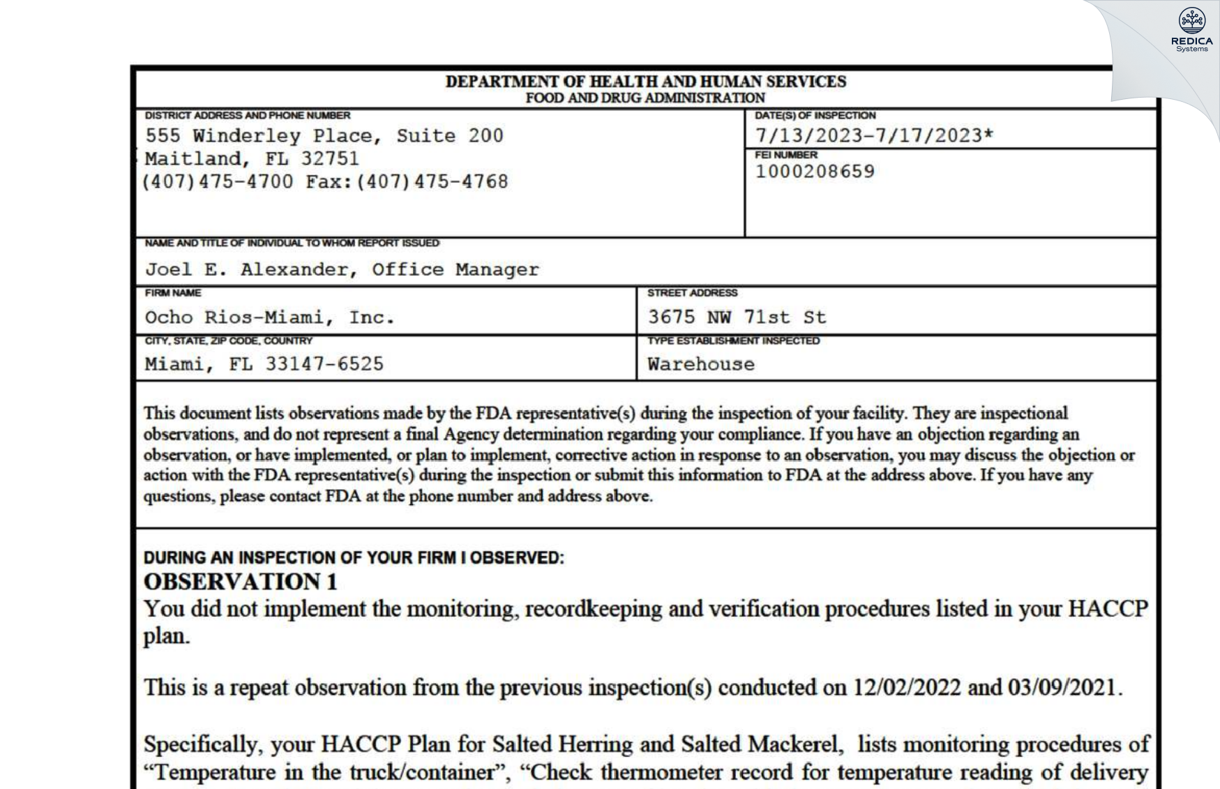 FDA 483 - Ocho Rios-Miami, Inc. [Miami / United States of America] - Download PDF - Redica Systems
