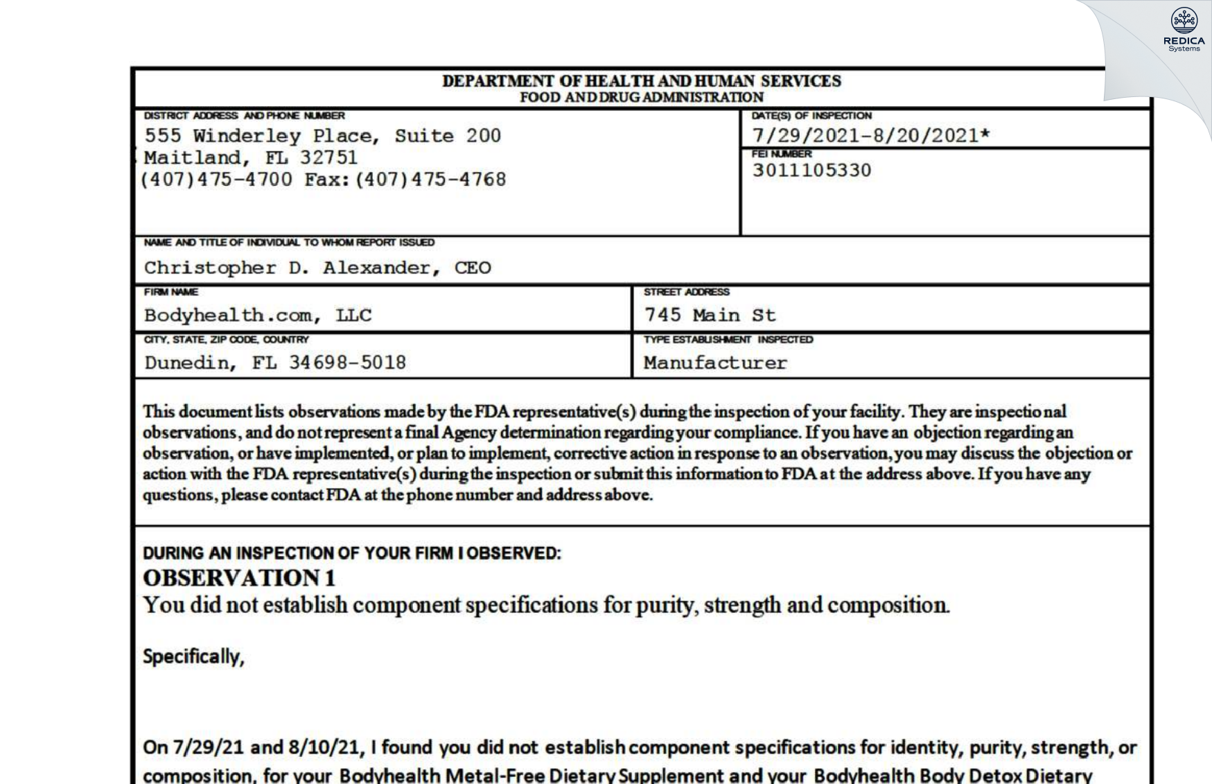 FDA 483 - Bodyhealth.com, LLC [Dunedin / United States of America] - Download PDF - Redica Systems