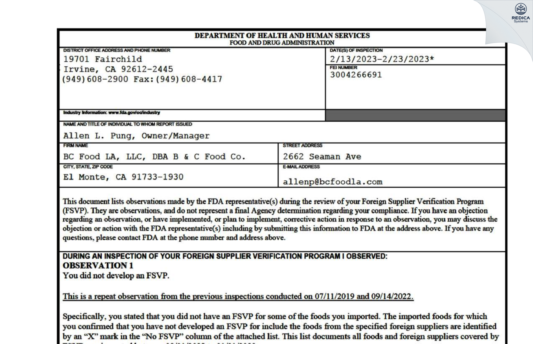 FDA 483 - BC Food LA, LLC, DBA B & C Food Co. [El Monte / United States of America] - Download PDF - Redica Systems