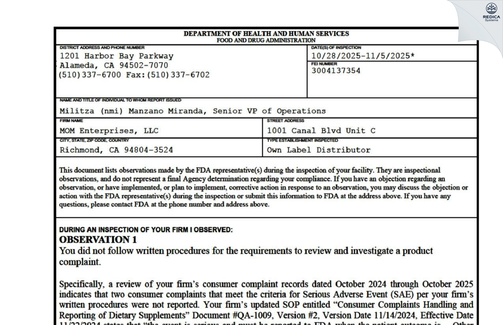 FDA 483 - MOM Enterprises, Inc. [Richmond / United States of America] - Download PDF - Redica Systems