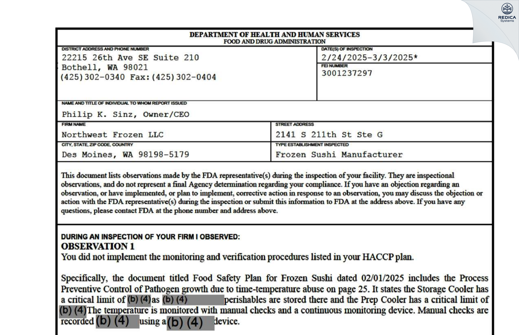 FDA 483 - Northwest Frozen, LLC [Seatac / United States of America] - Download PDF - Redica Systems
