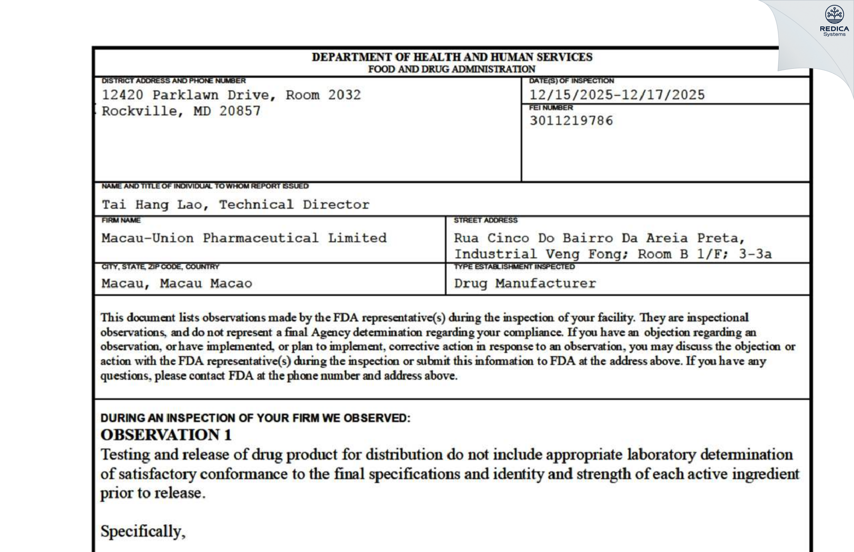 FDA 483 - MACAU-UNION PHARMACEUTICAL LIMITED [Macau / Macao] - Download PDF - Redica Systems