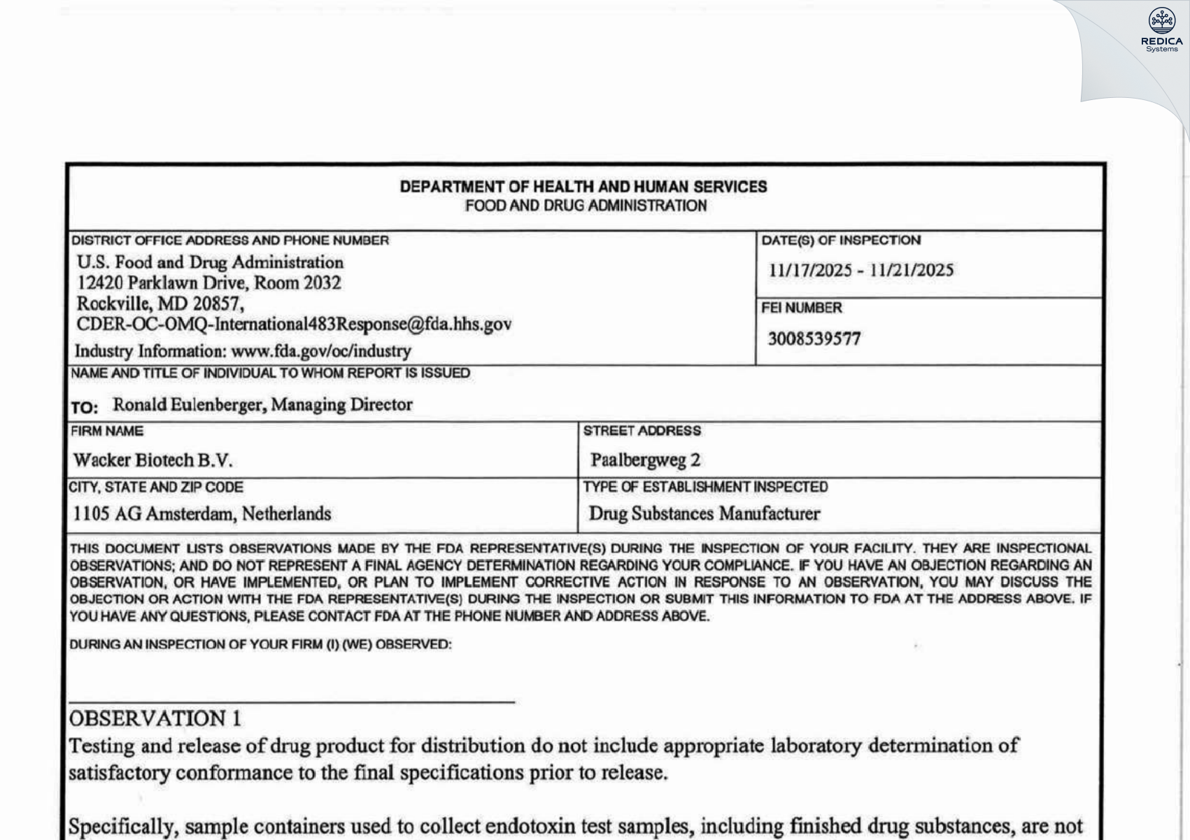 FDA 483 - SynCo Bio Partners Bv [Amsterdam / Netherlands] - Download PDF - Redica Systems