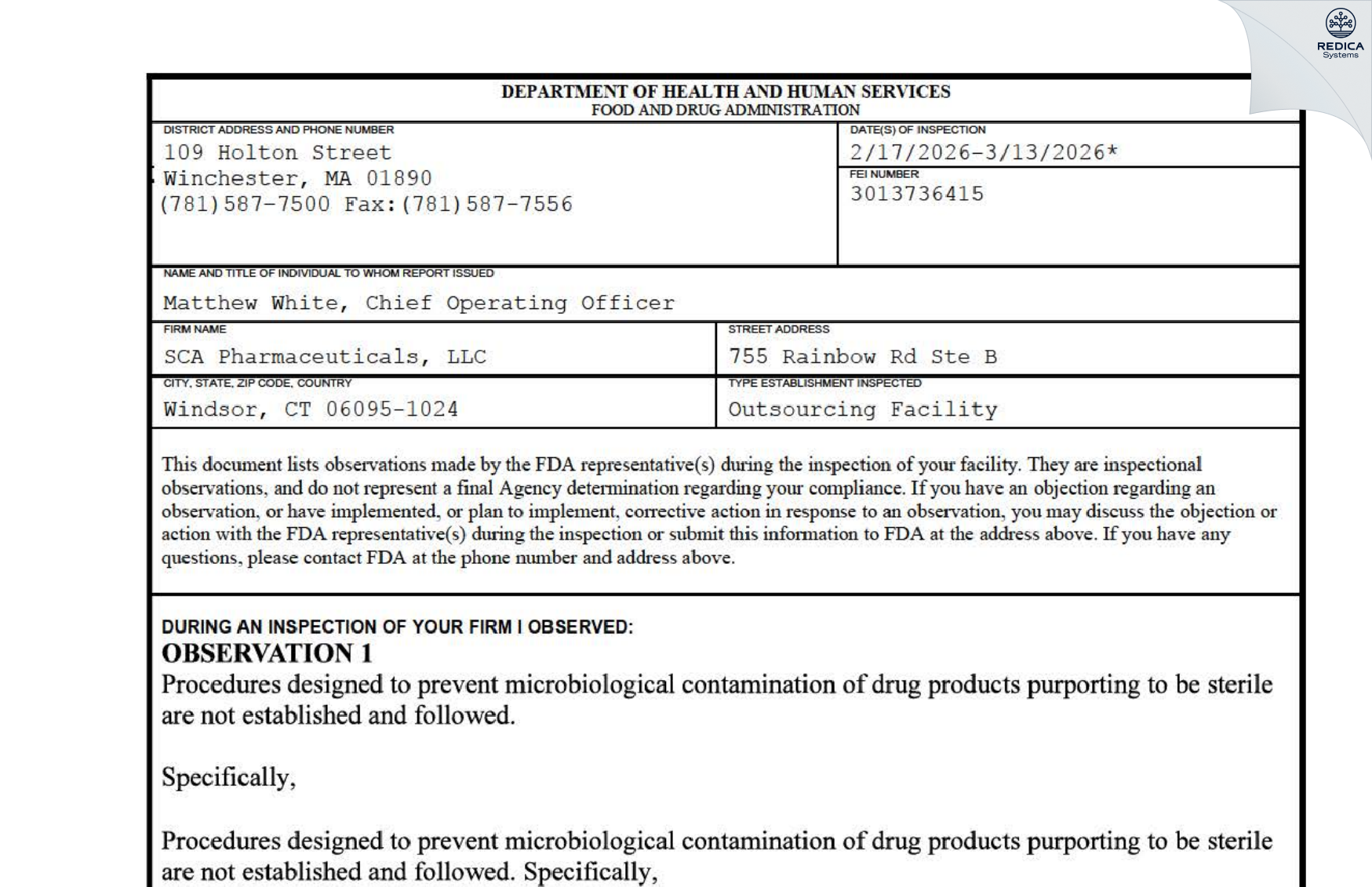 FDA 483 - SCA Pharmaceuticals, LLC [Windsor / United States of America] - Download PDF - Redica Systems
