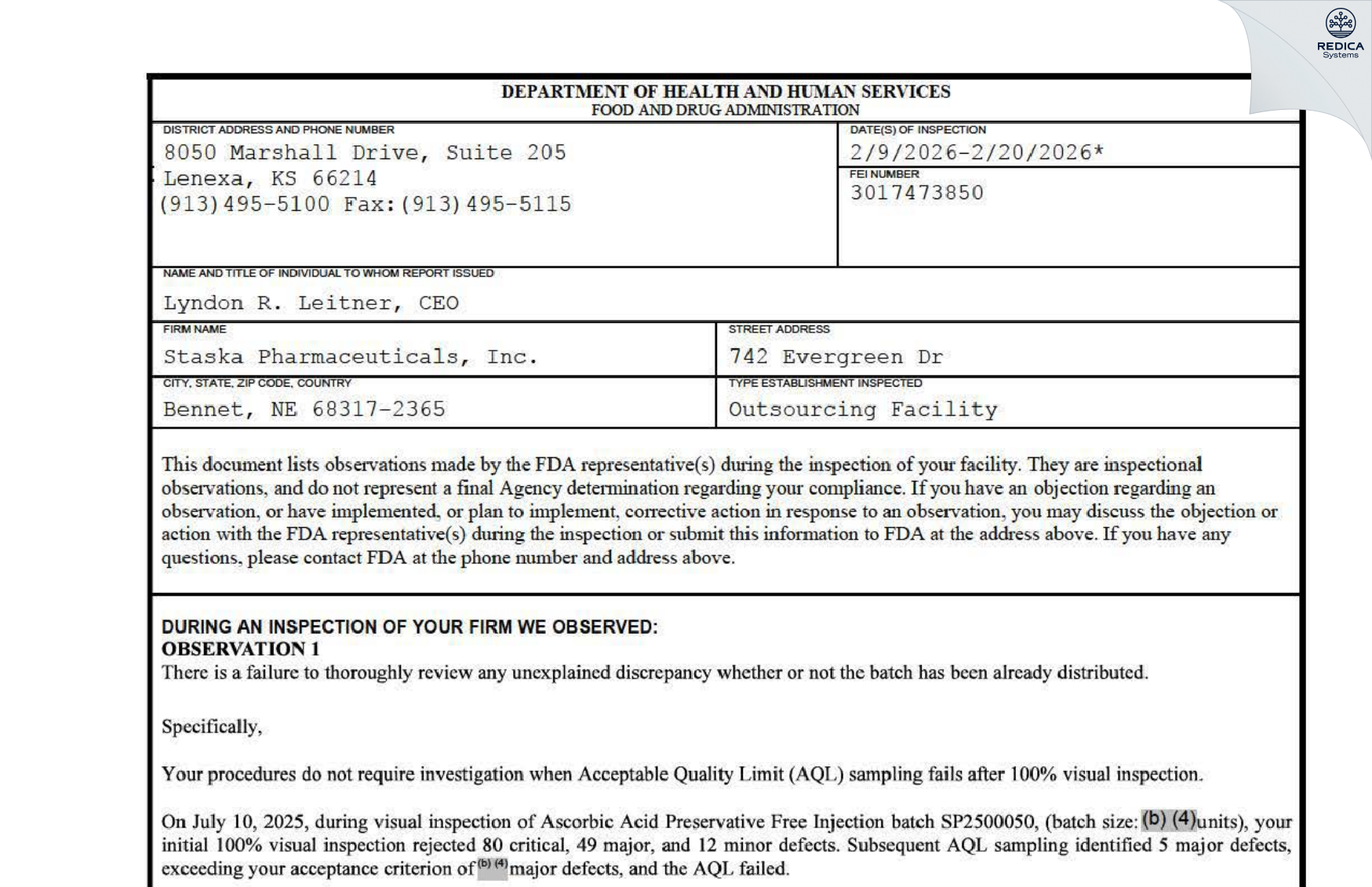 FDA 483 - Staska Pharmaceuticals, Inc. [Bennet / United States of America] - Download PDF - Redica Systems