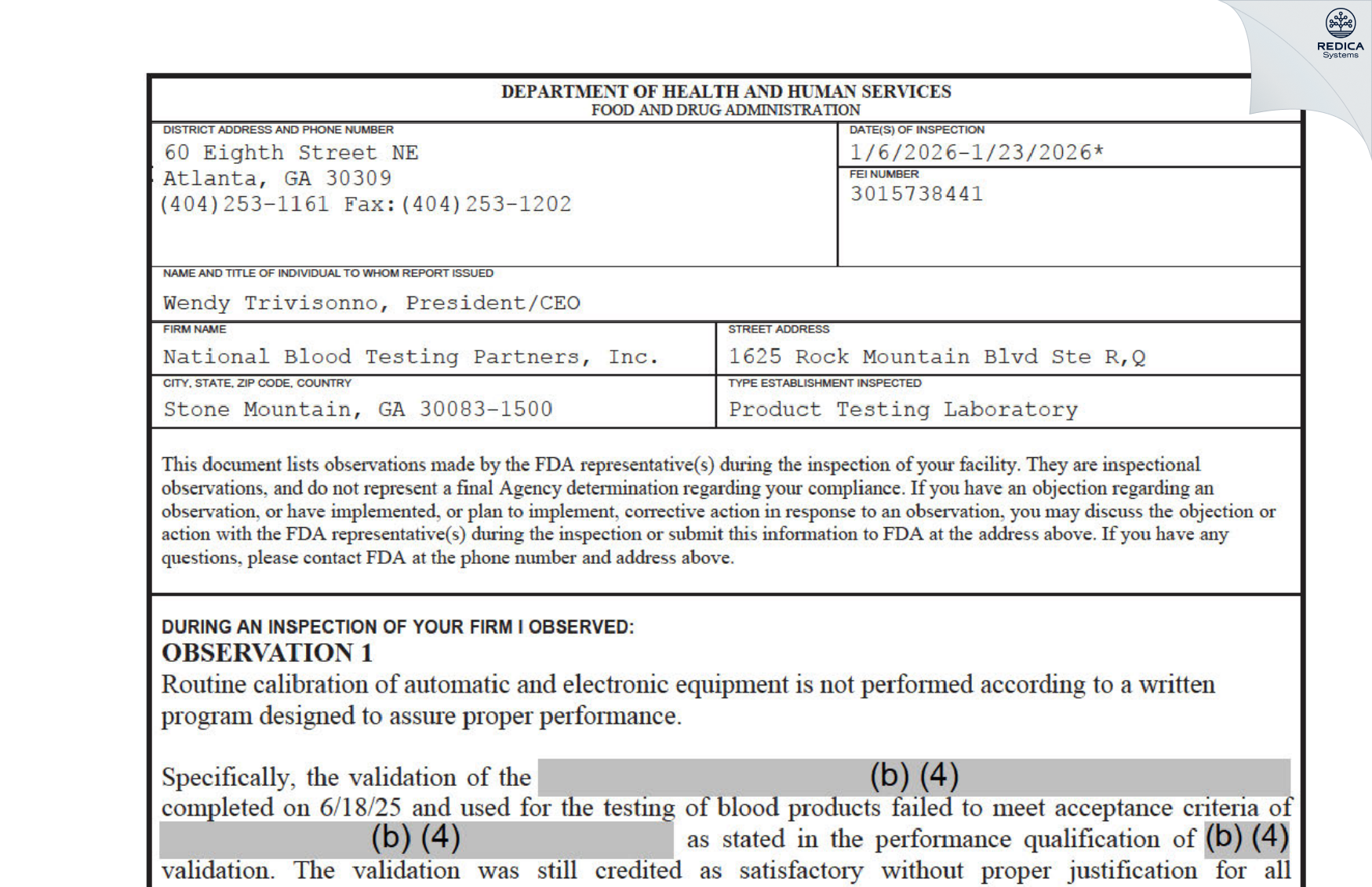 FDA 483 - National Blood Testing Partners, Inc. [Stone Mountain / United States of America] - Download PDF - Redica Systems