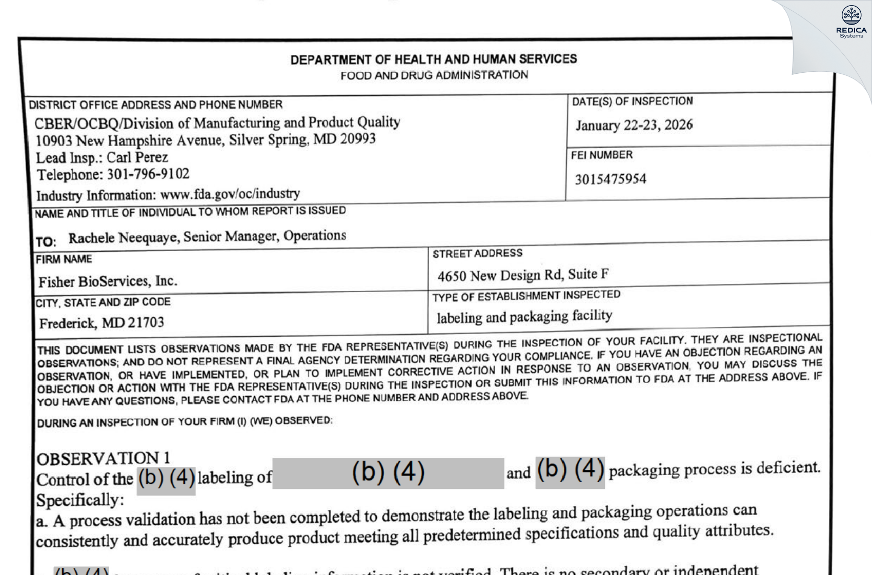 FDA 483 - Fisher BioServices [Frederick / United States of America] - Download PDF - Redica Systems